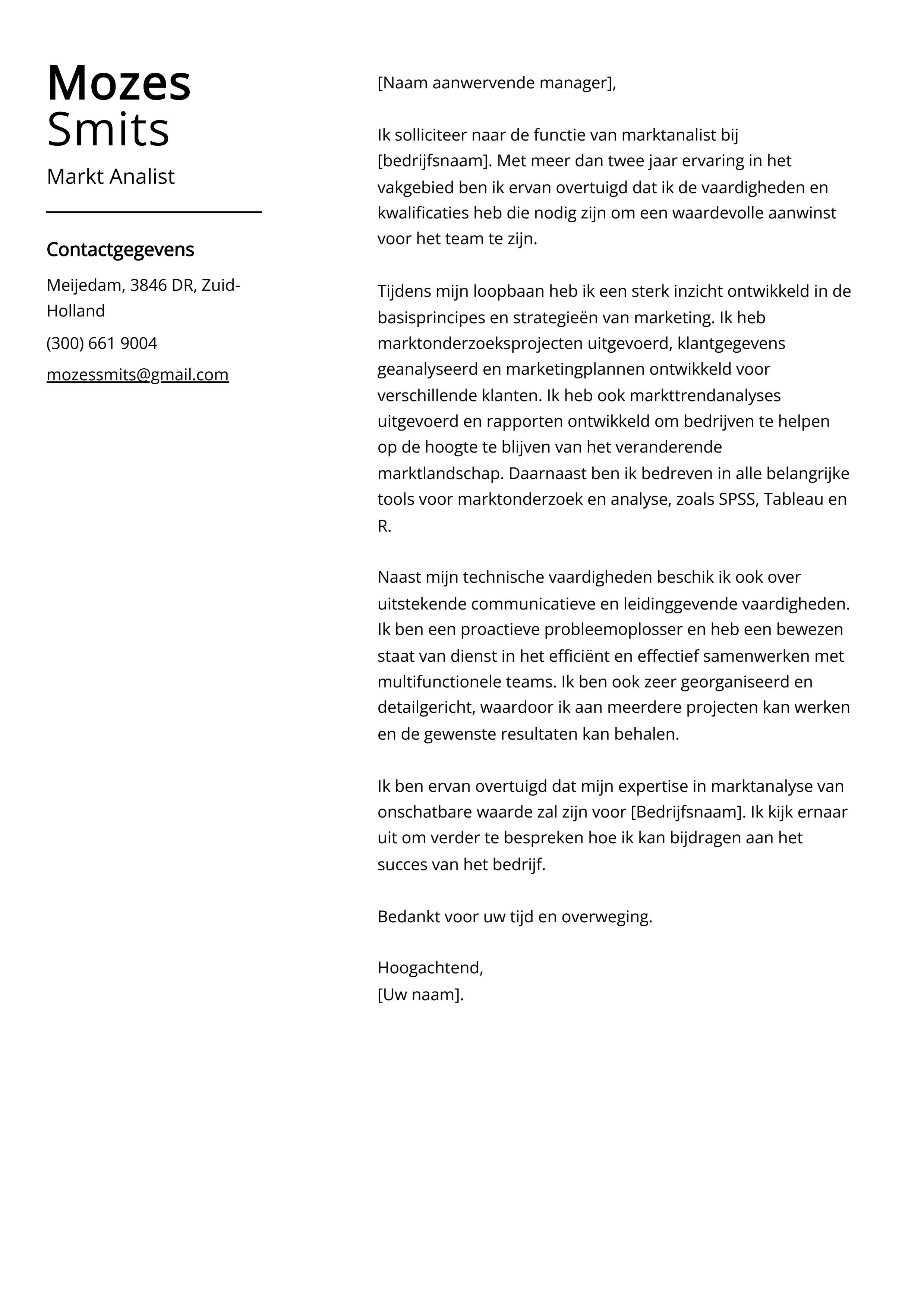 Markt Analist Sollicitatiebrief Voorbeeld