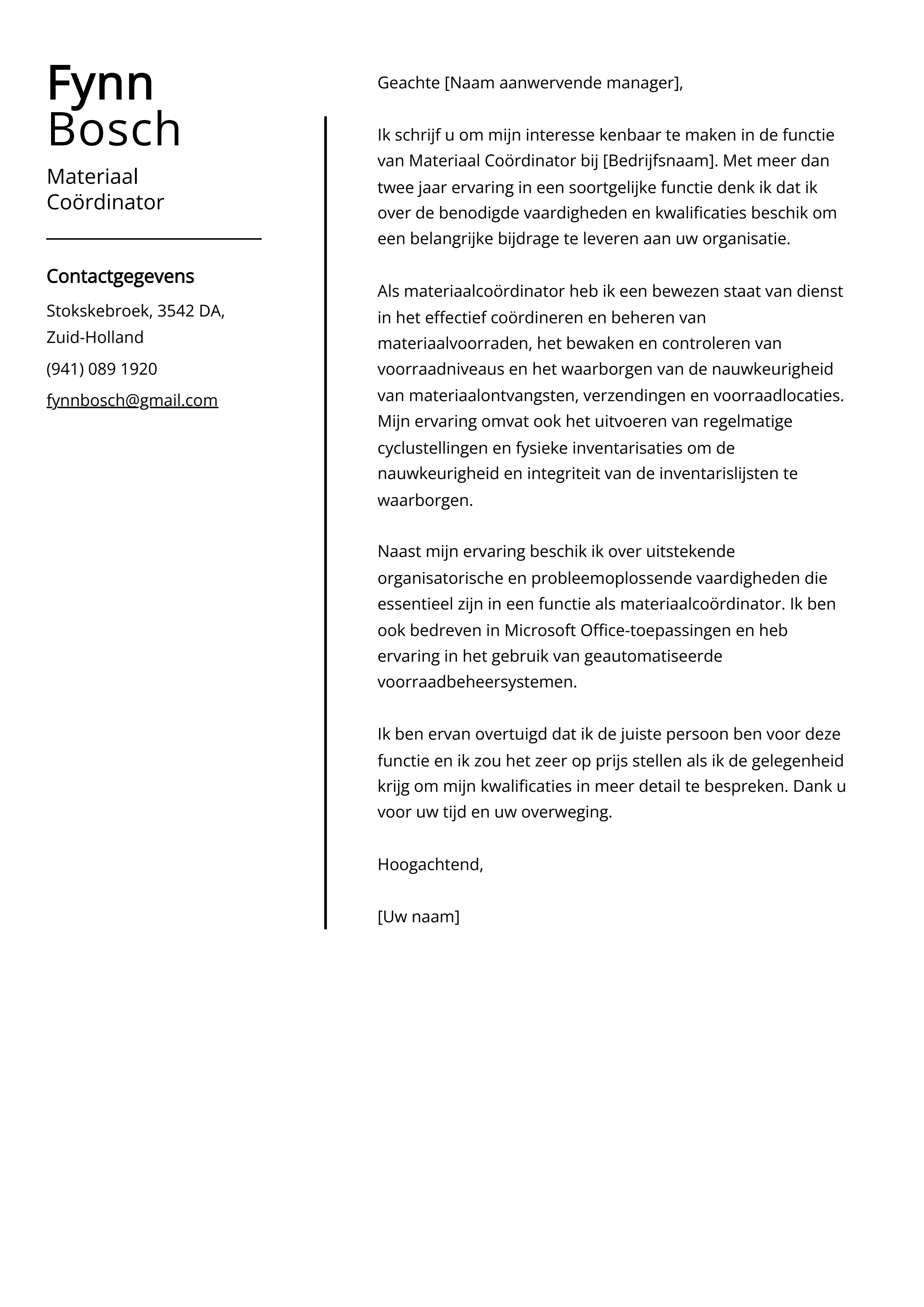 Materiaal Coördinator Sollicitatiebrief Voorbeeld