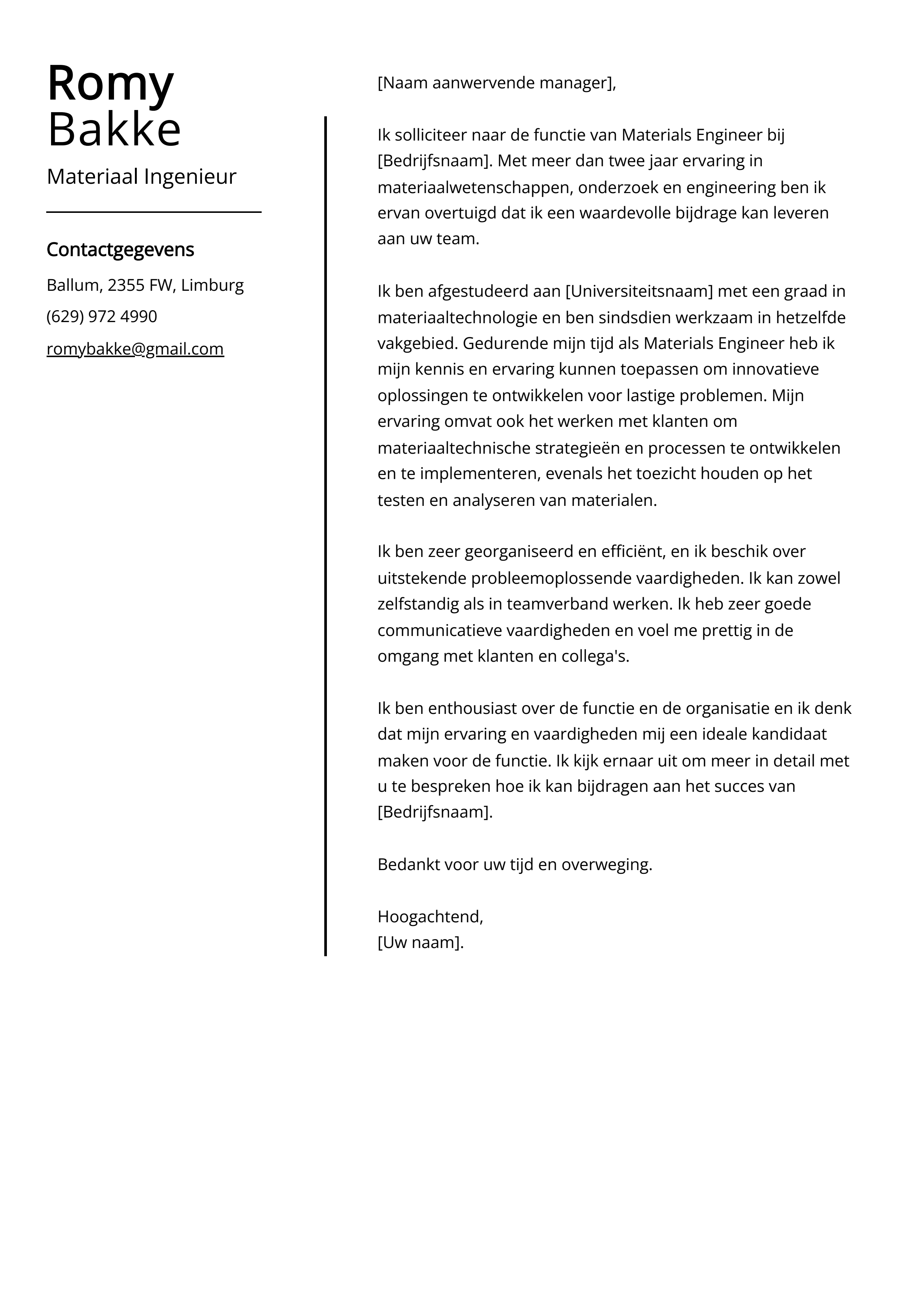 Materiaal Ingenieur Sollicitatiebrief Voorbeeld