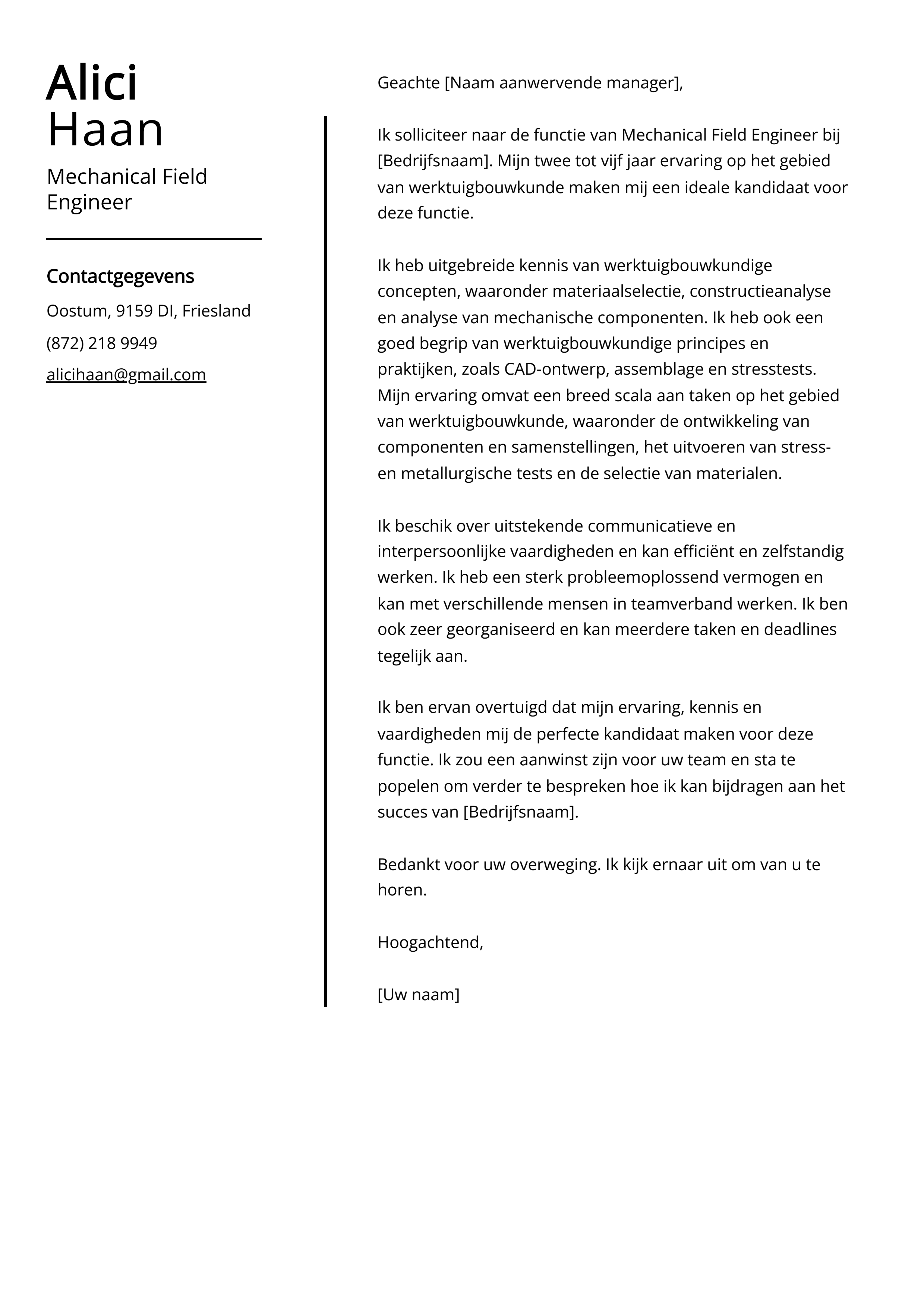 Mechanical Field Engineer Voorbeeld sollicitatiebrief