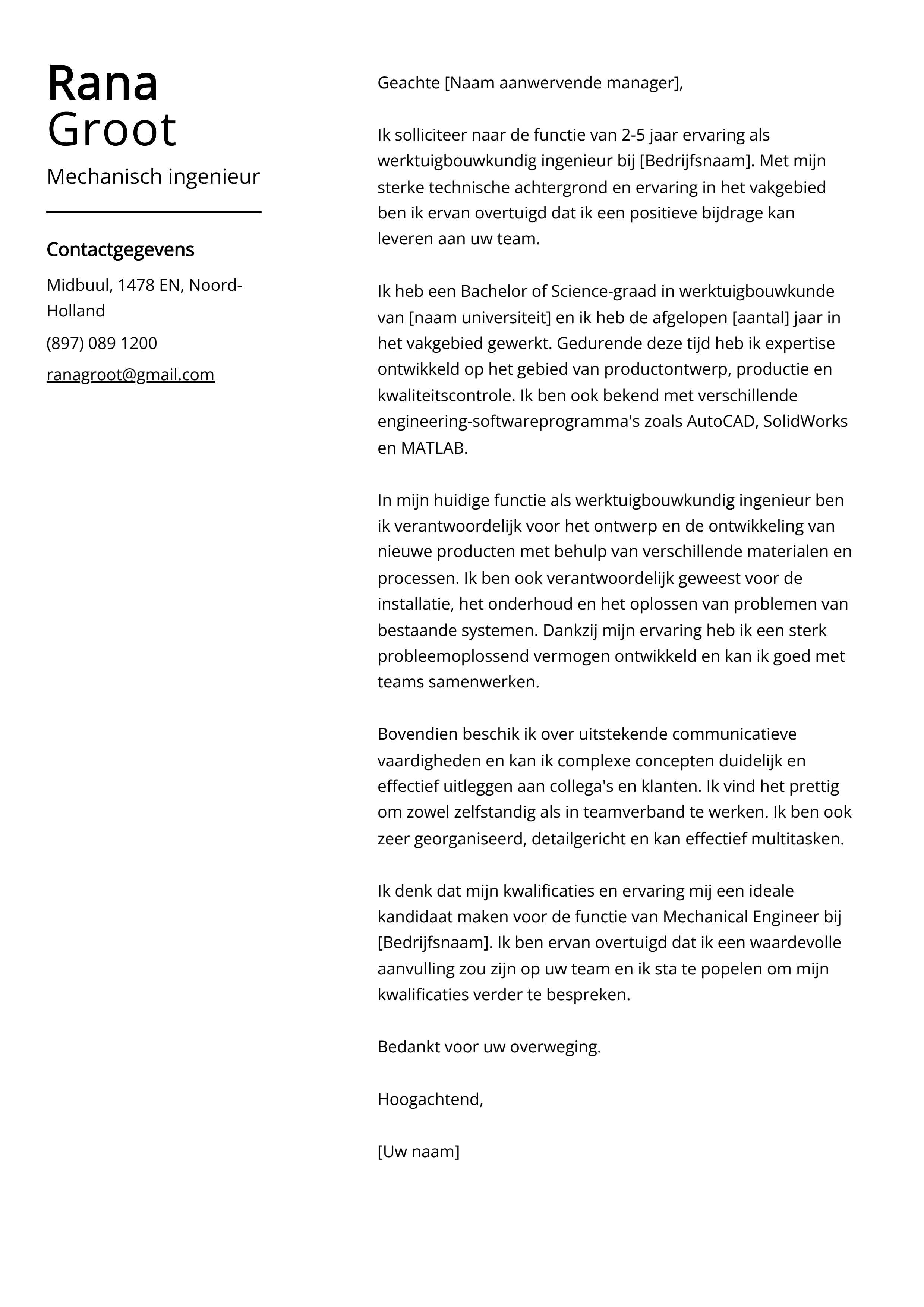 Mechanisch ingenieur Sollicitatiebrief Voorbeeld