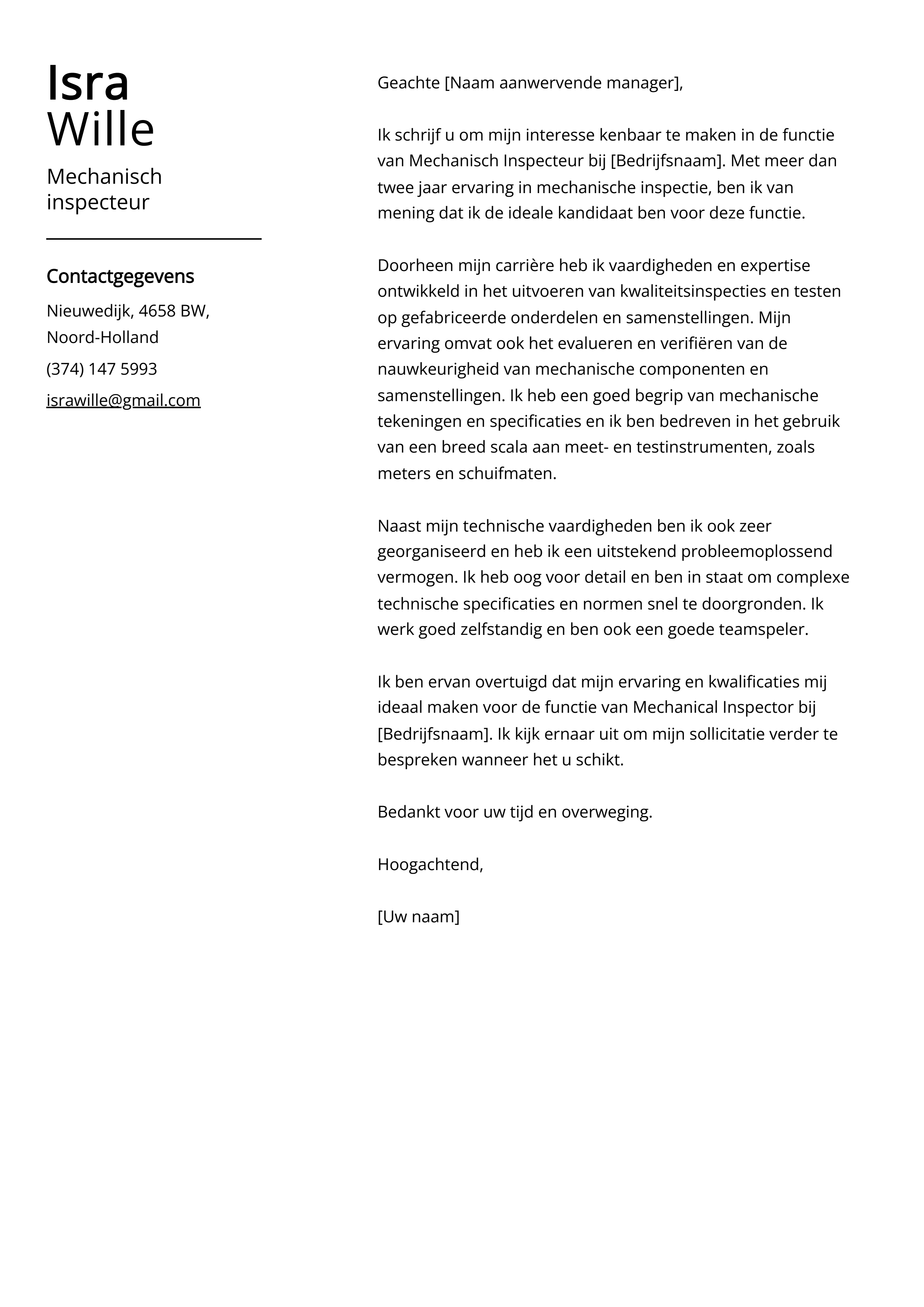 Mechanisch inspecteur Cover Letter Voorbeeld