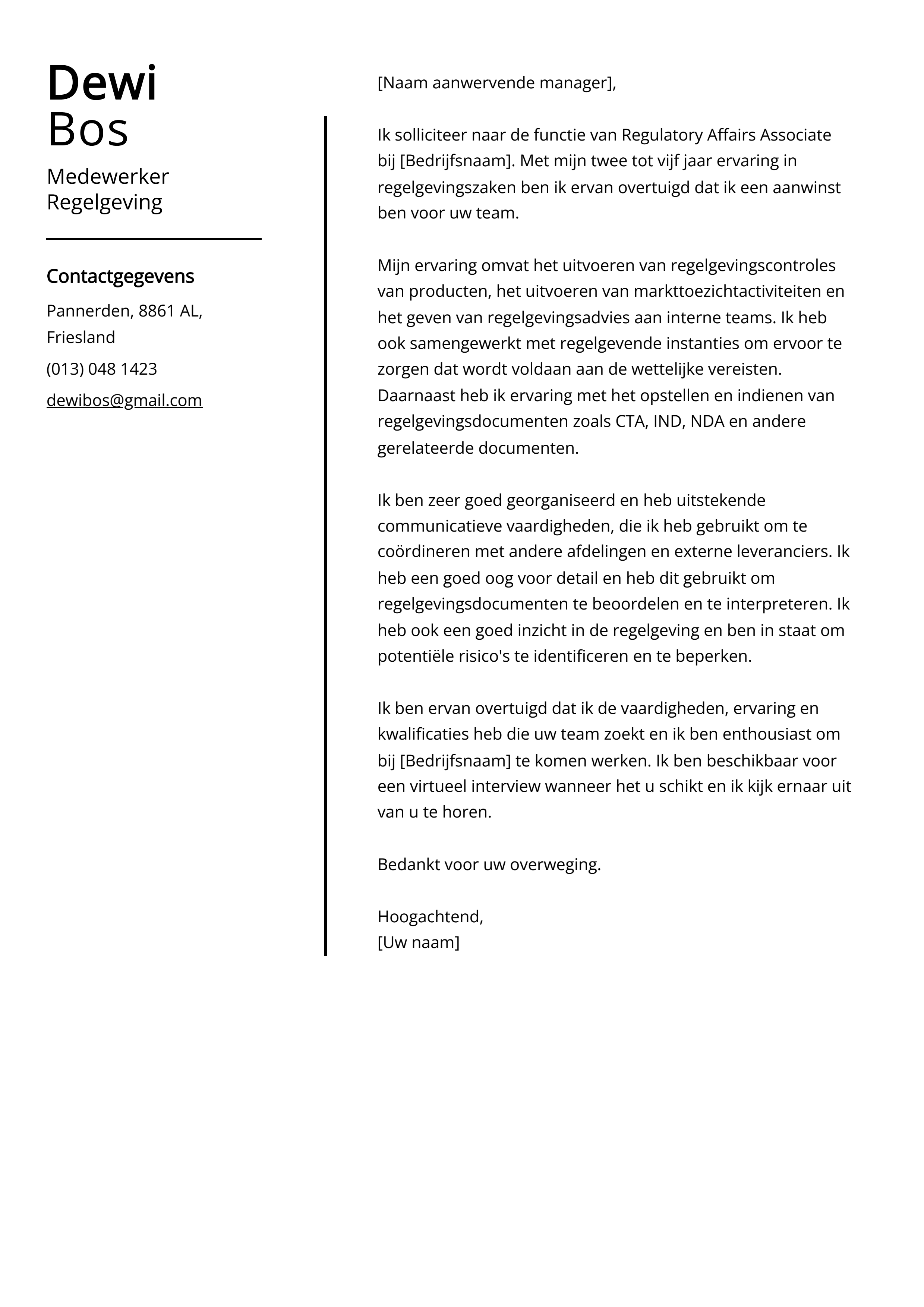 Medewerker Regelgeving Sollicitatiebrief Voorbeeld