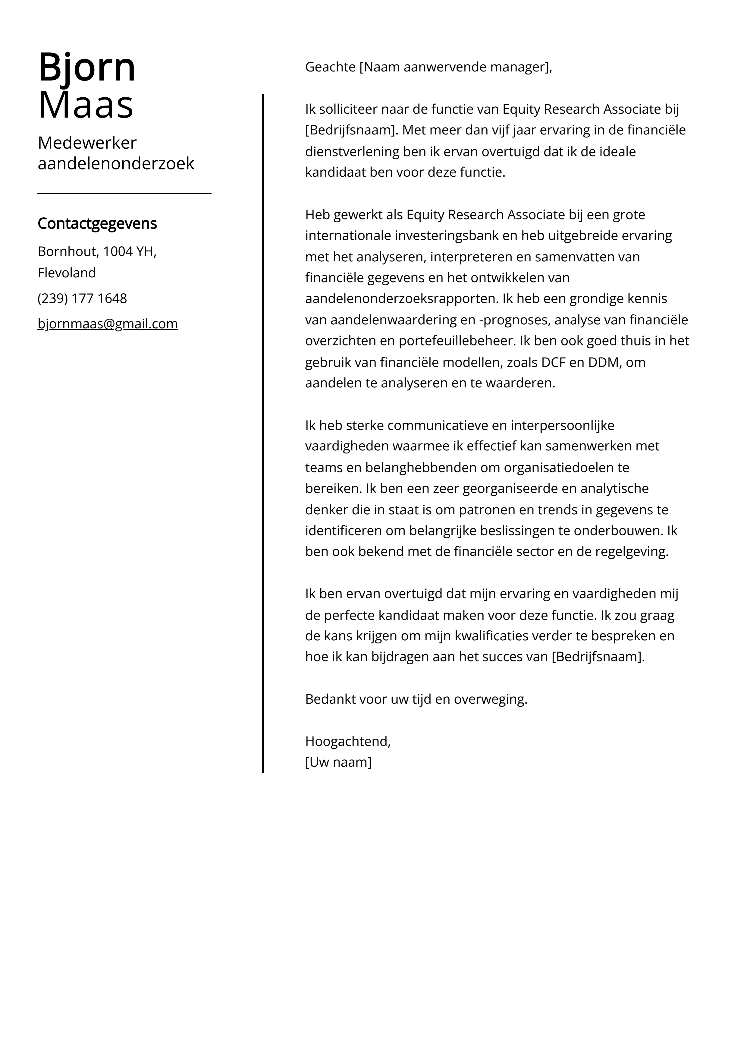 Medewerker aandelenonderzoek Sollicitatiebrief Voorbeeld