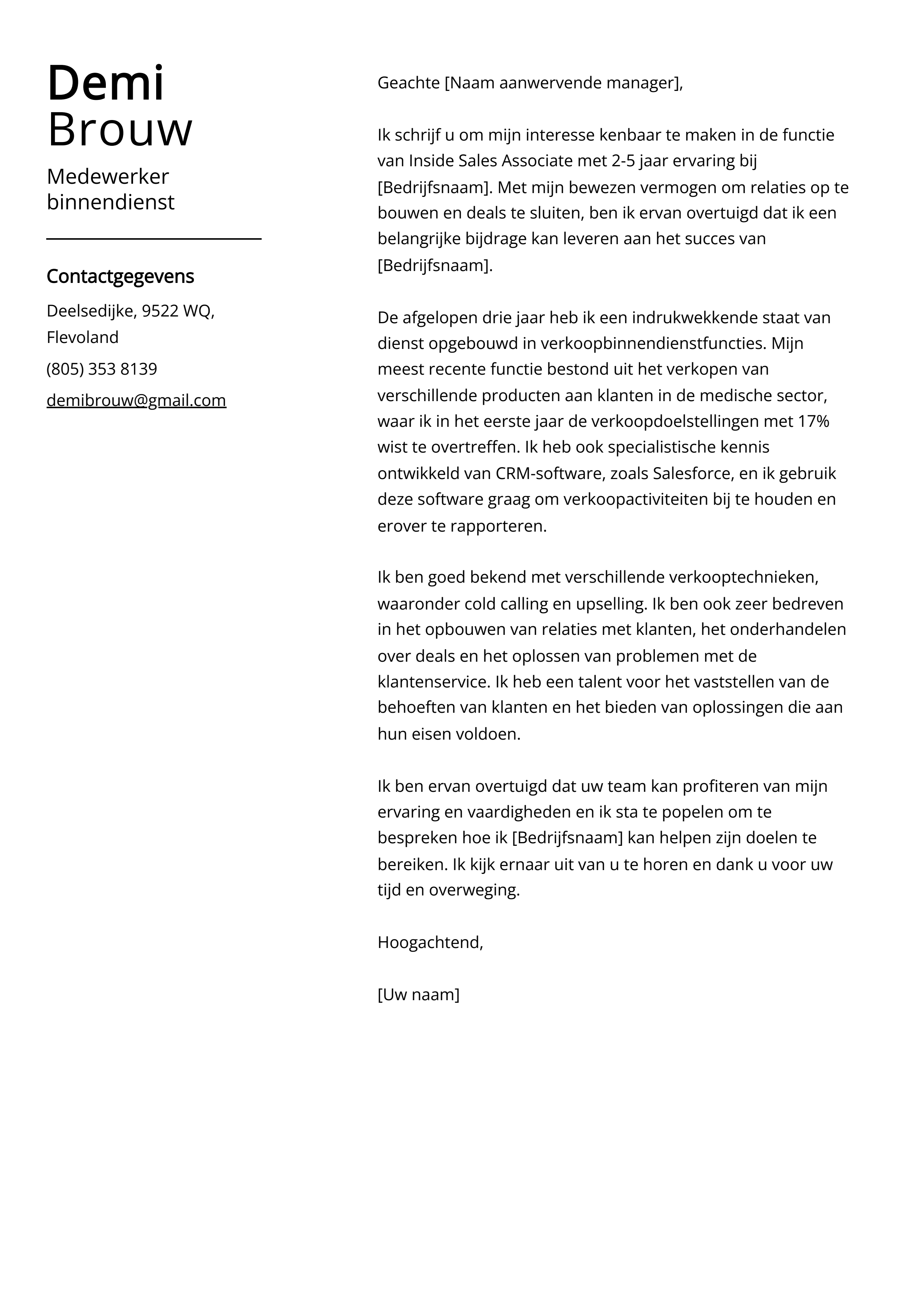 Medewerker binnendienst Voorbeeld sollicitatiebrief