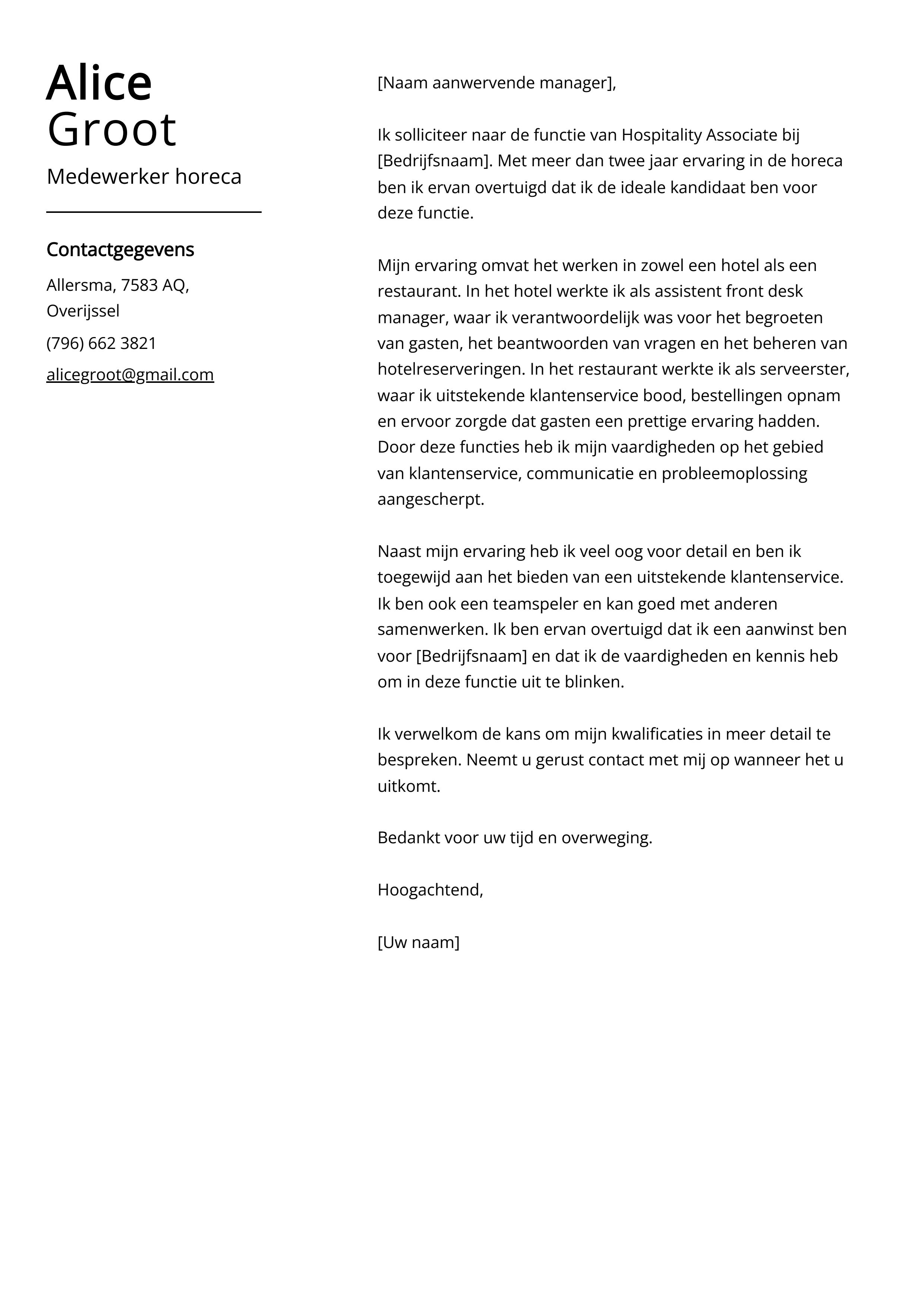 Medewerker horeca Voorbeeld sollicitatiebrief