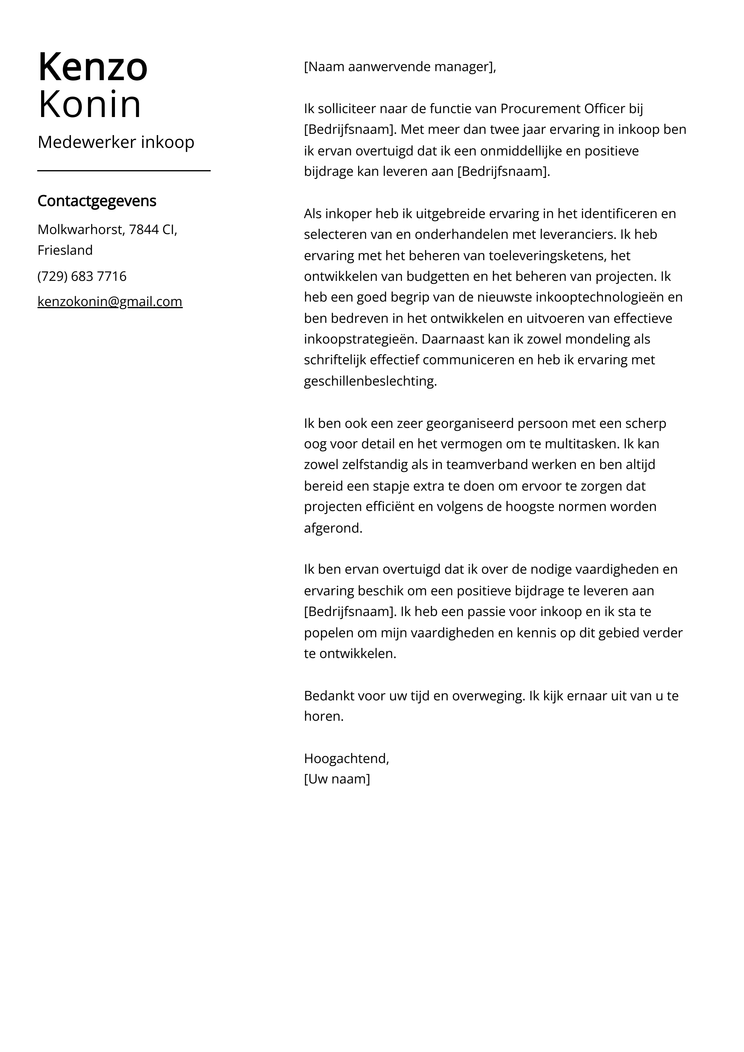 Medewerker inkoop Voorbeeld sollicitatiebrief