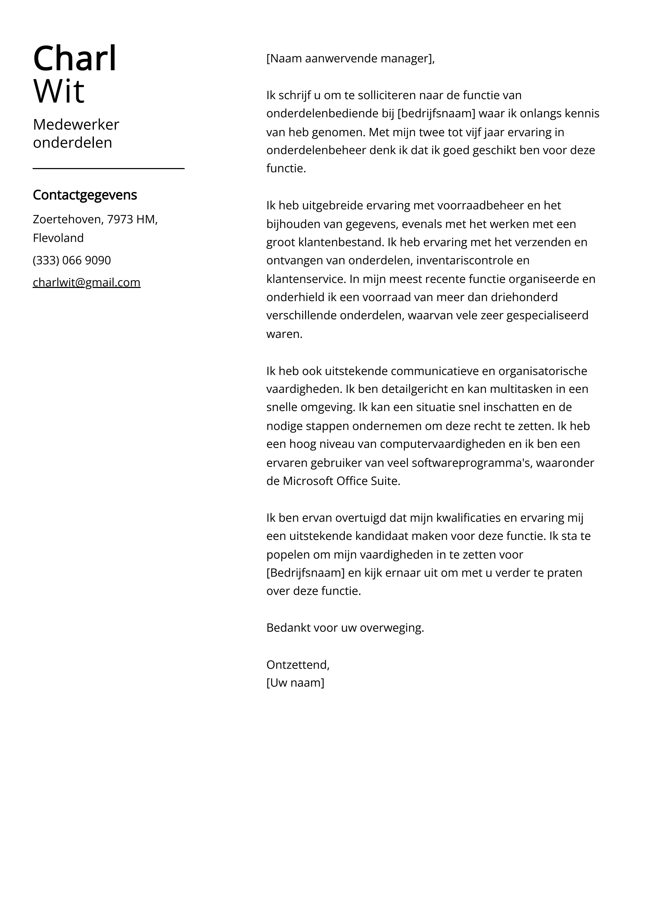 Medewerker onderdelen Voorbeeld sollicitatiebrief