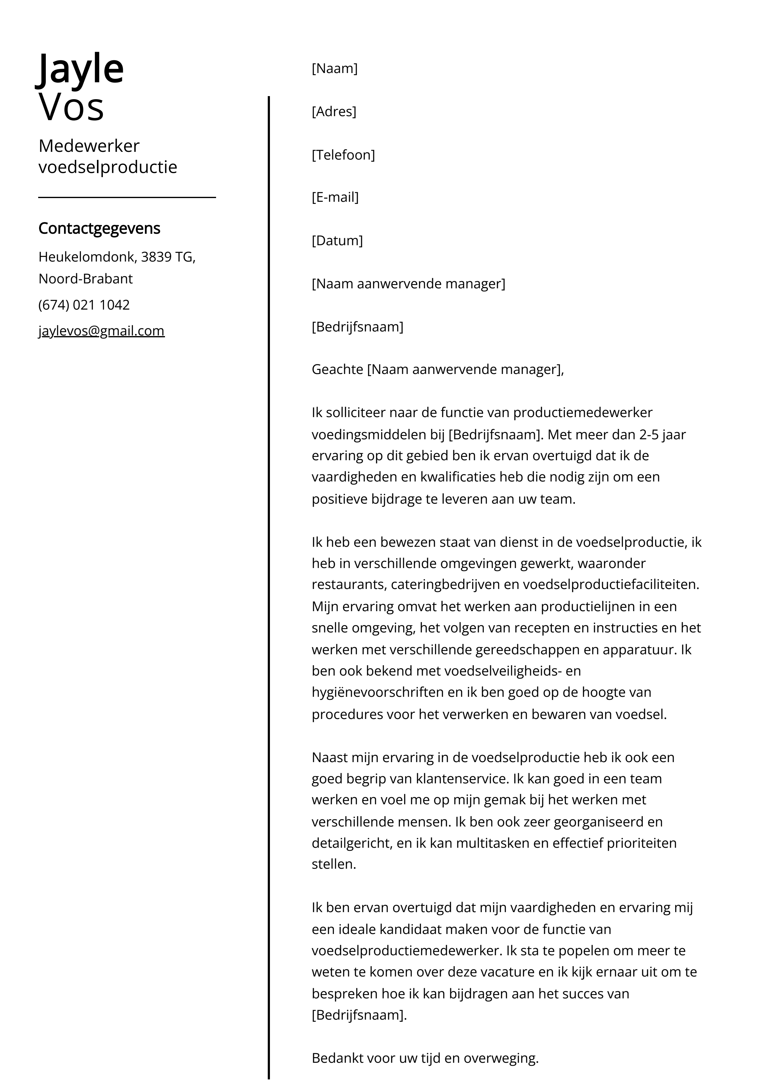 Medewerker voedselproductie Sollicitatiebrief Voorbeeld