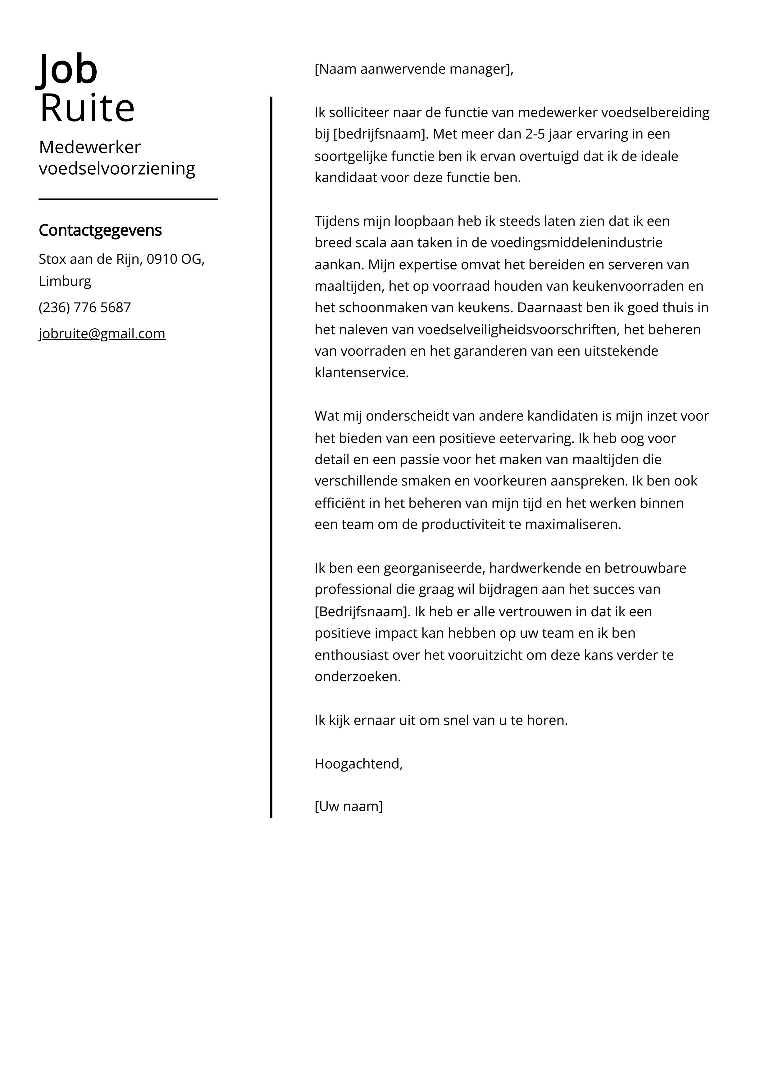 Medewerker voedselvoorziening Voorbeeld sollicitatiebrief