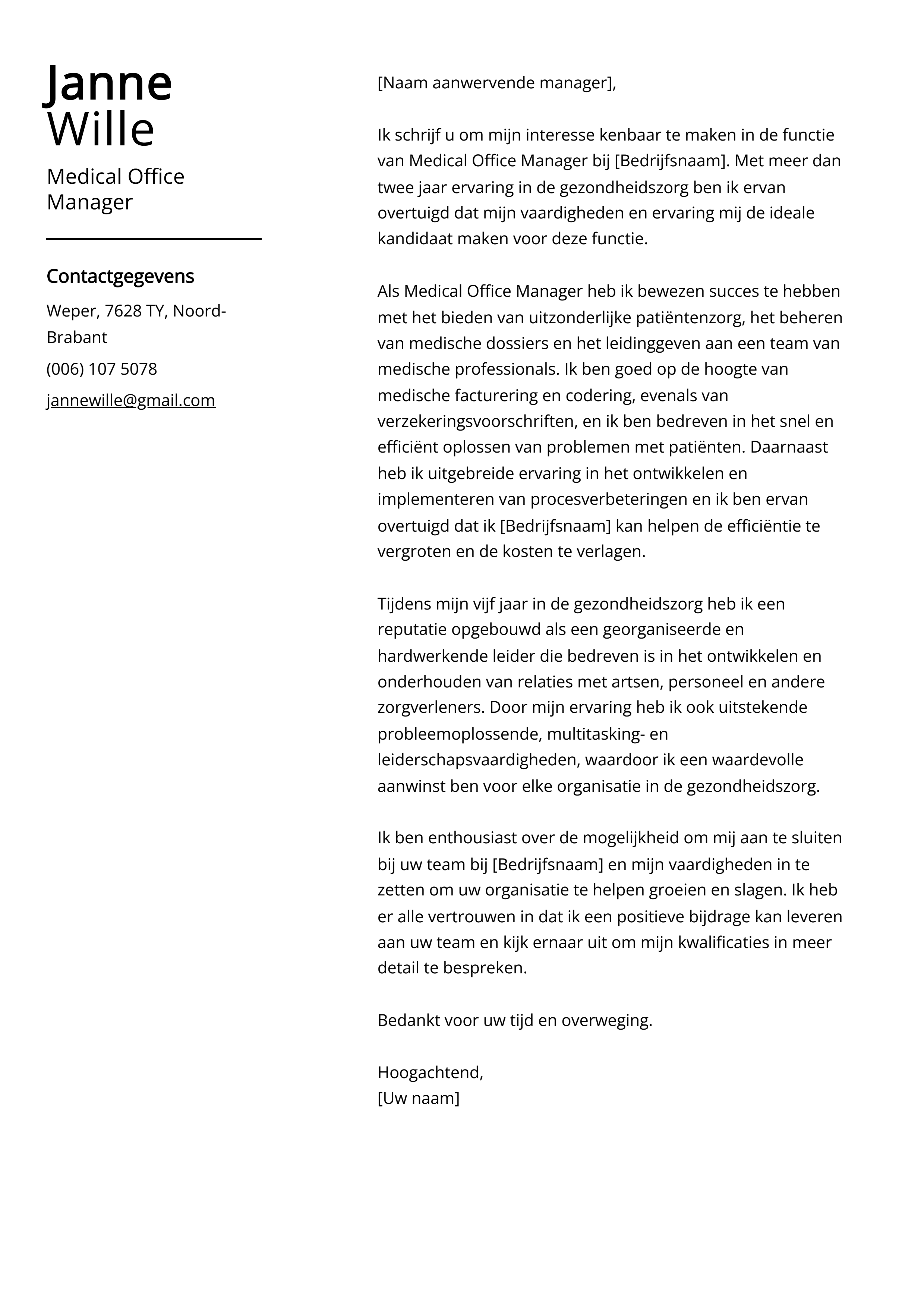 Medical Office Manager Voorbeeld sollicitatiebrief