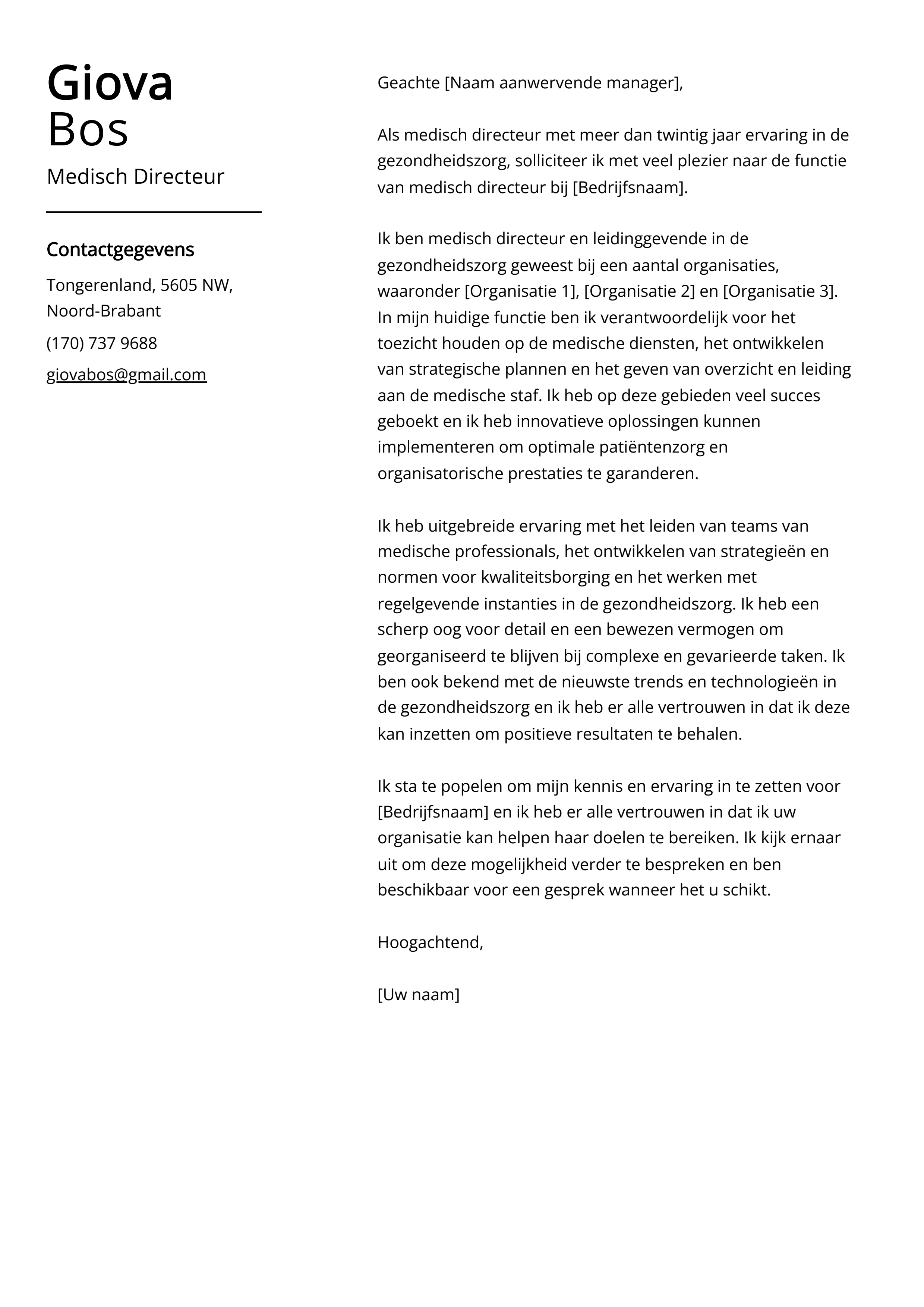 Medisch Directeur Sollicitatiebrief Voorbeeld