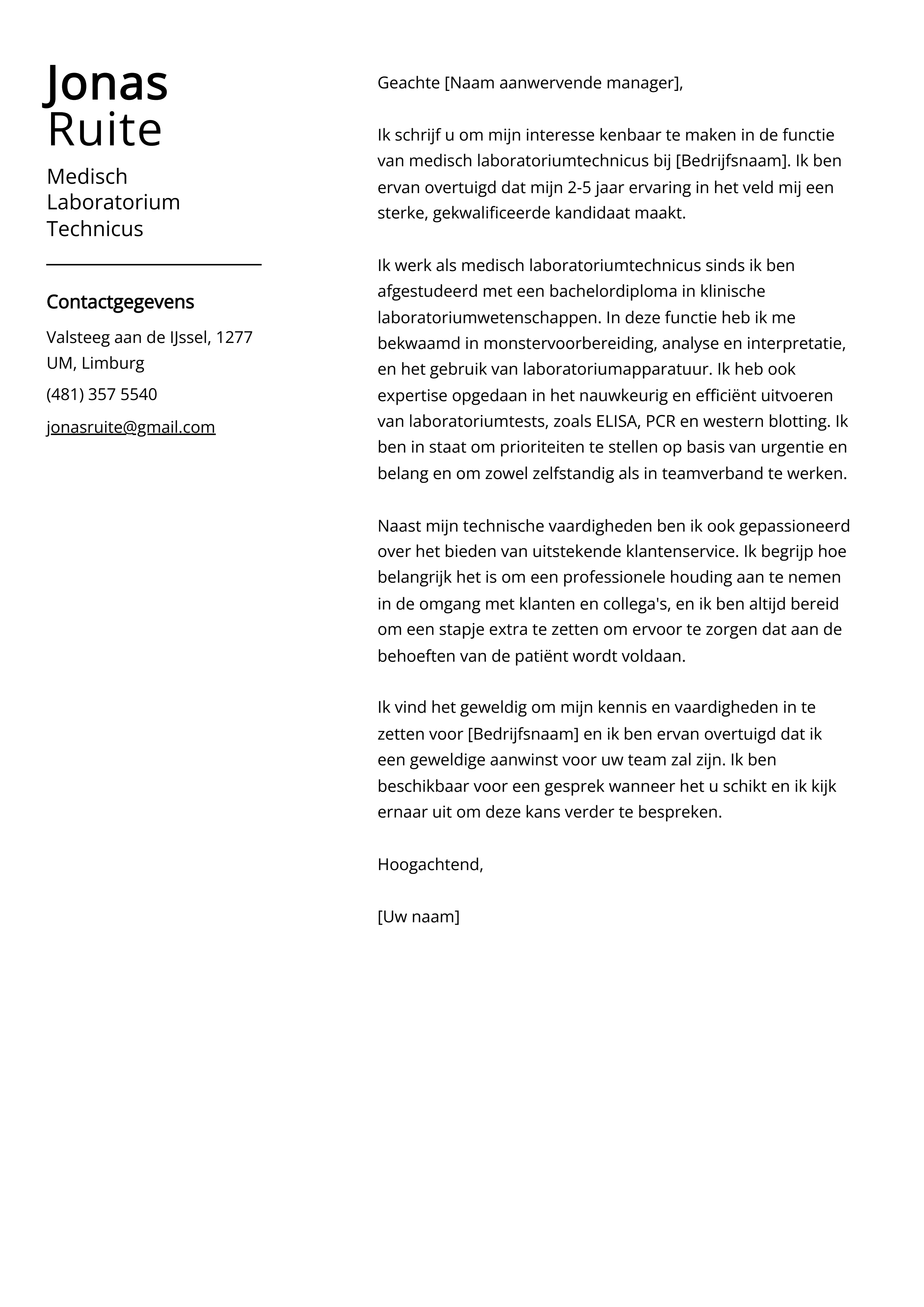 Medisch Laboratorium Technicus Voorbeeld sollicitatiebrief