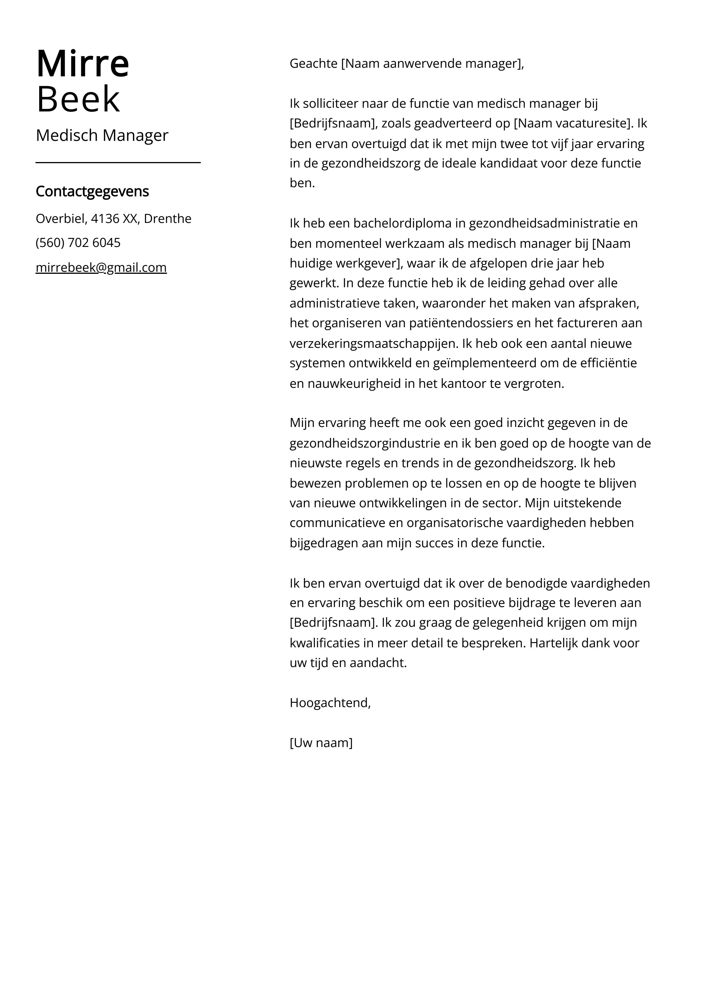 Medisch Manager Sollicitatiebrief Voorbeeld