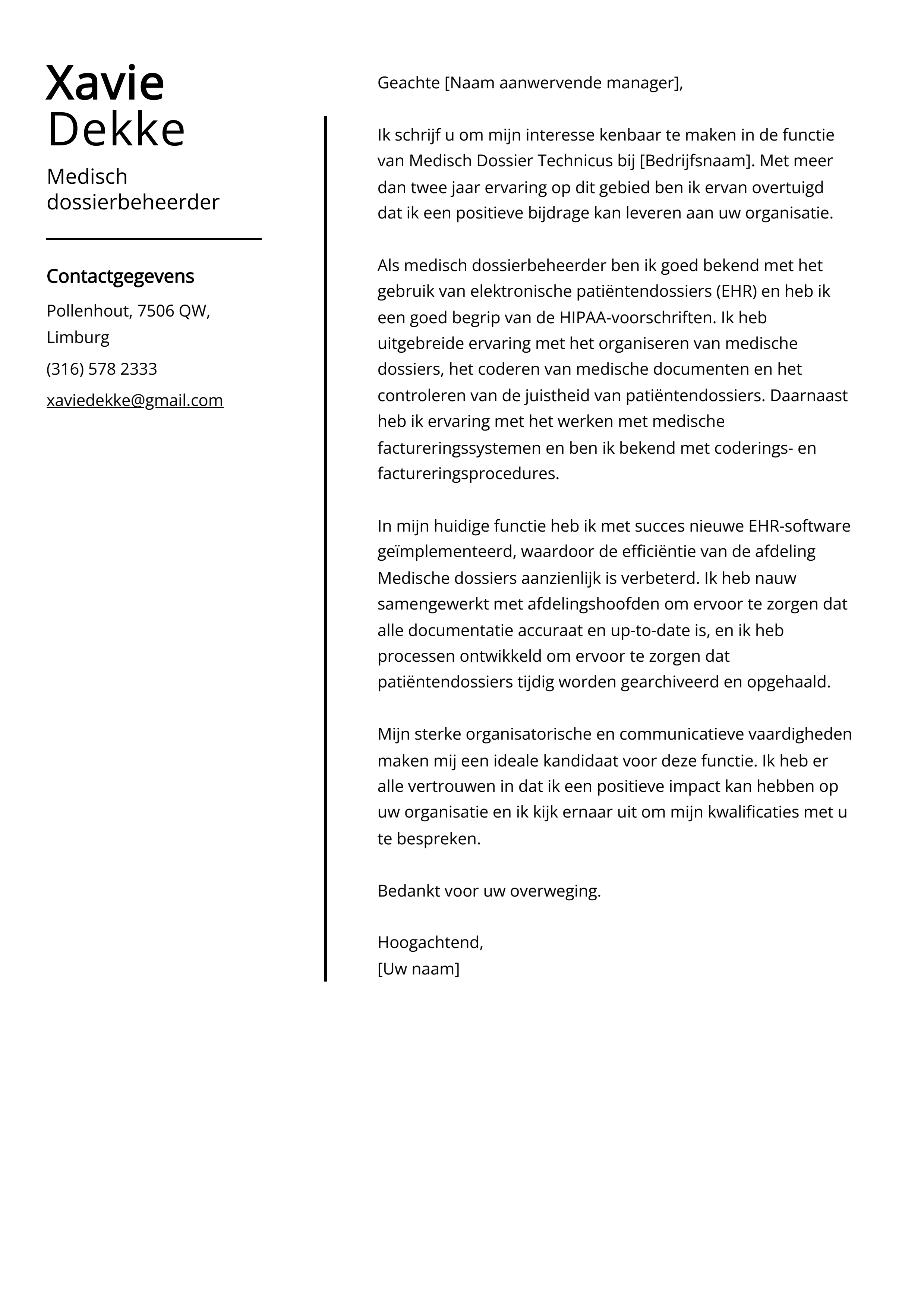 Medisch dossierbeheerder Cover Letter Voorbeeld