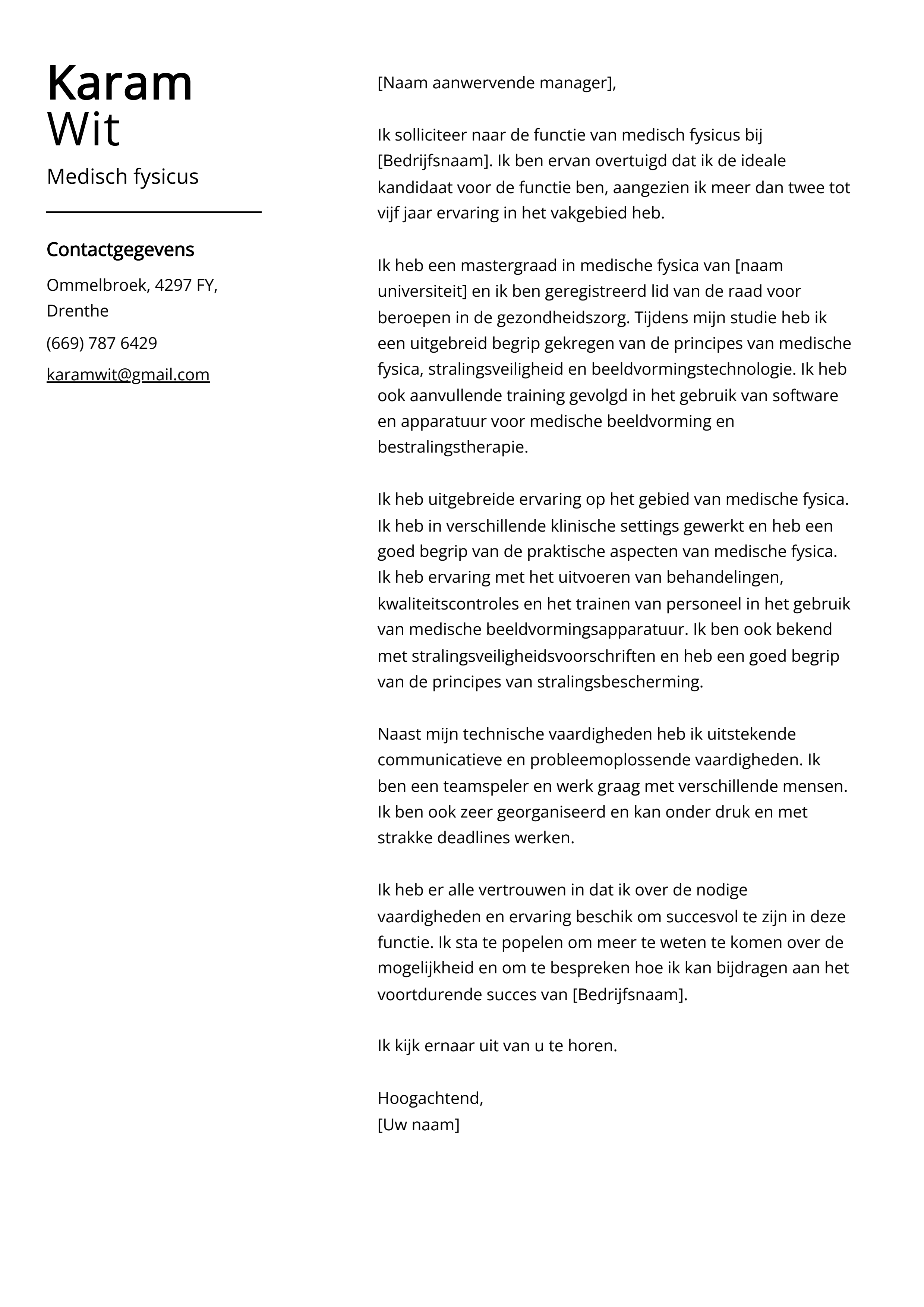 Medisch fysicus Sollicitatiebrief Voorbeeld