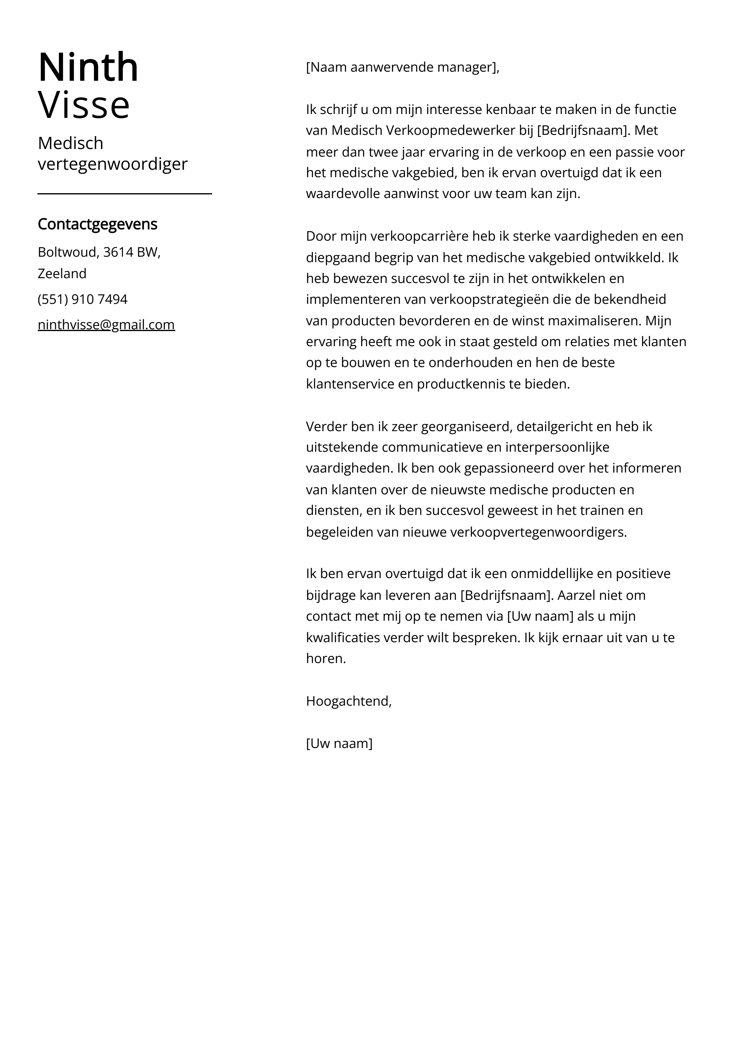 Medisch vertegenwoordiger Cover Letter Voorbeeld