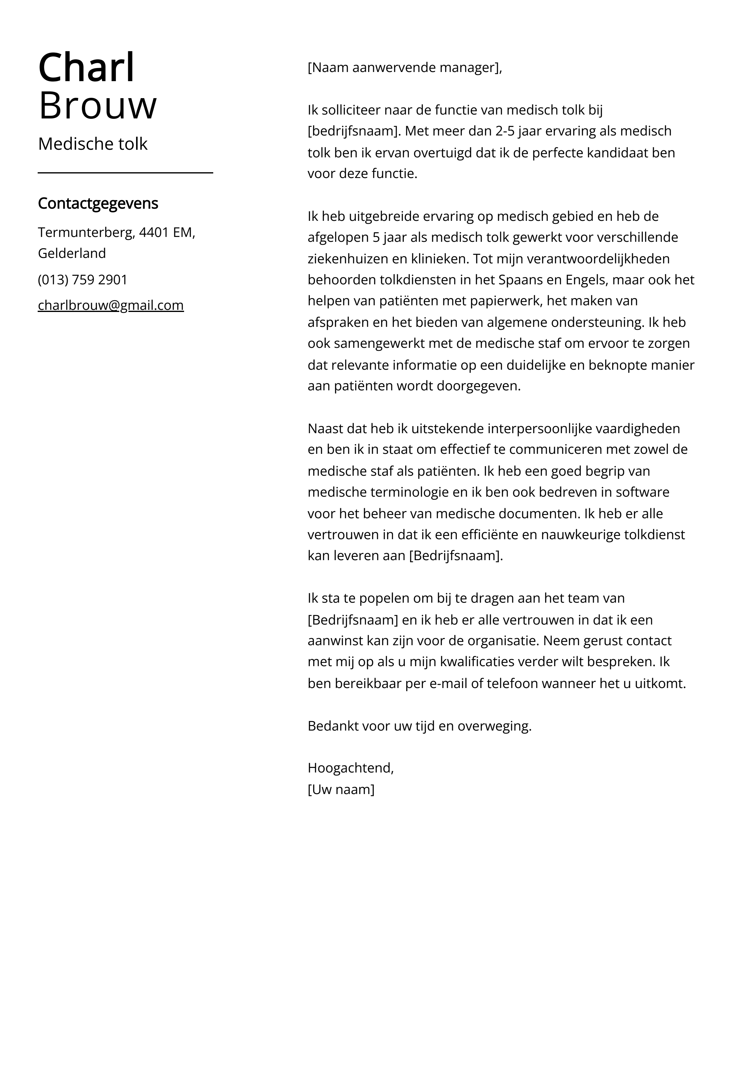 Medische tolk Sollicitatiebrief Voorbeeld