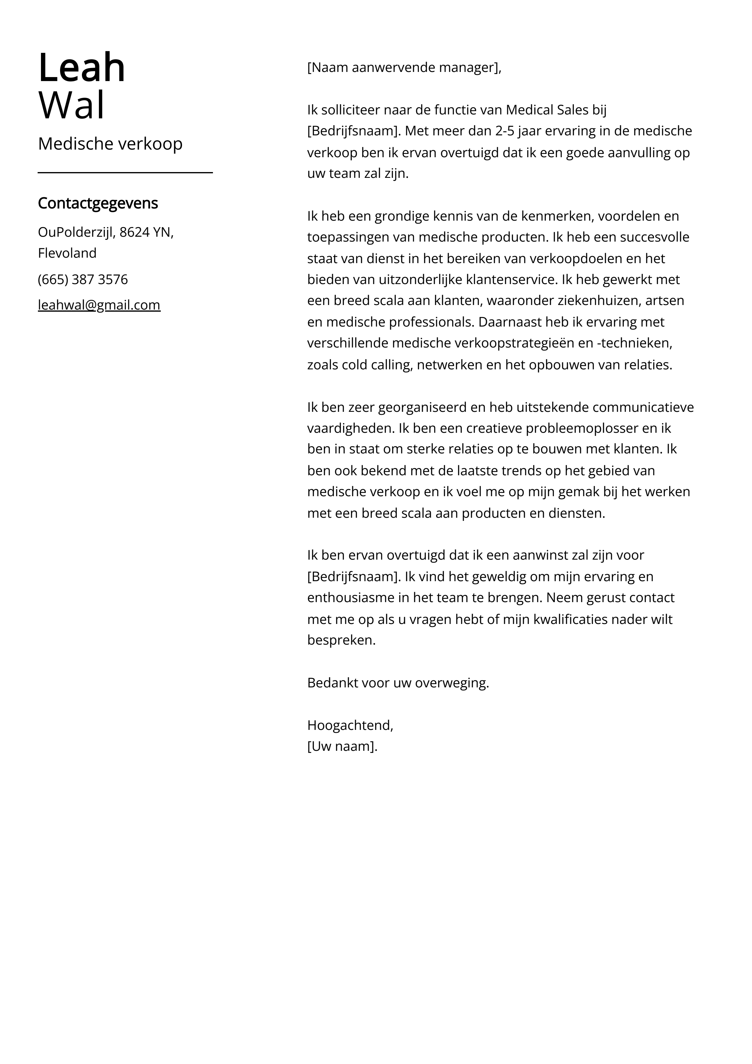 Medische verkoop sollicitatiebrief voorbeeld