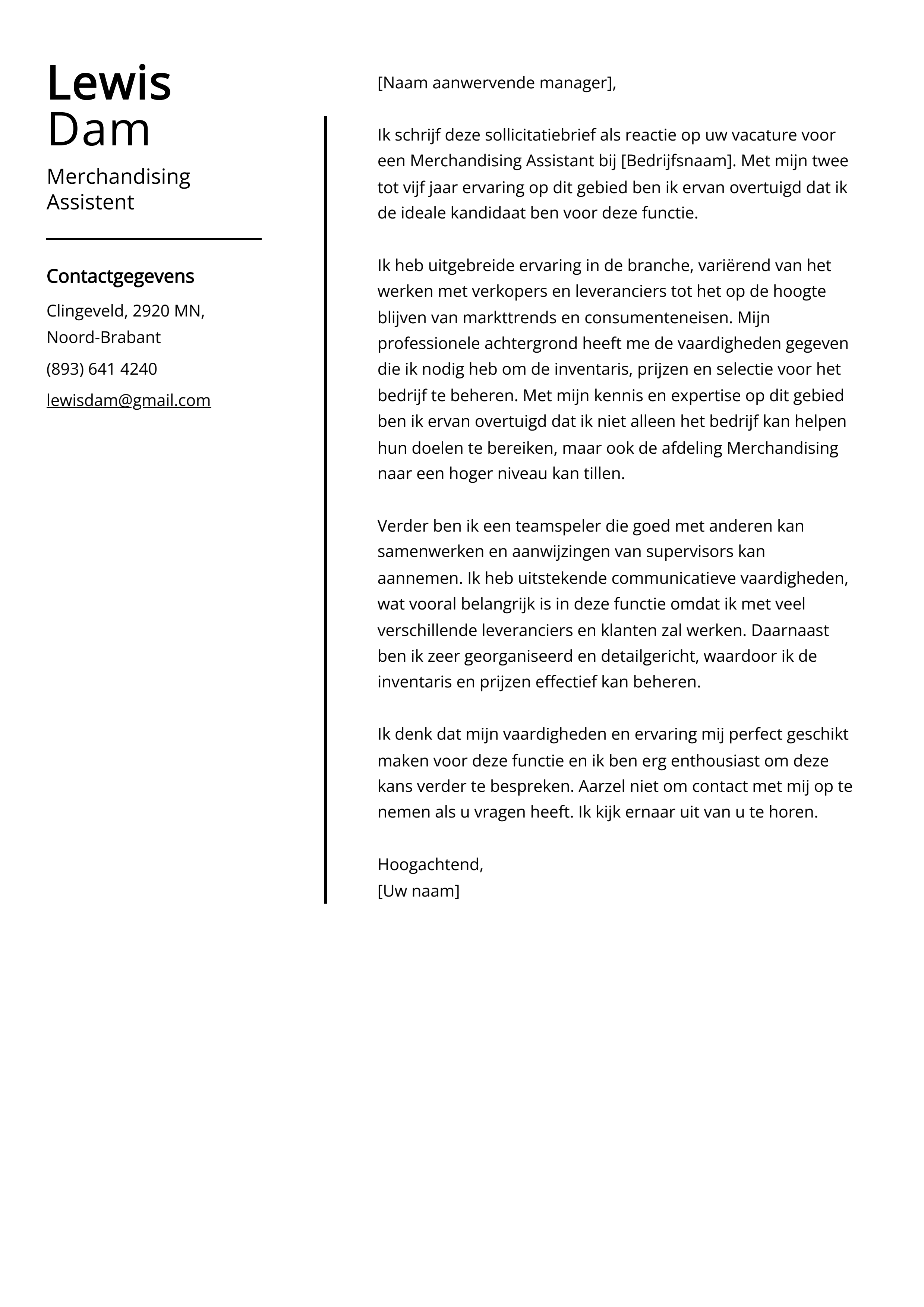 Merchandising assistent sollicitatiebrief voorbeeld