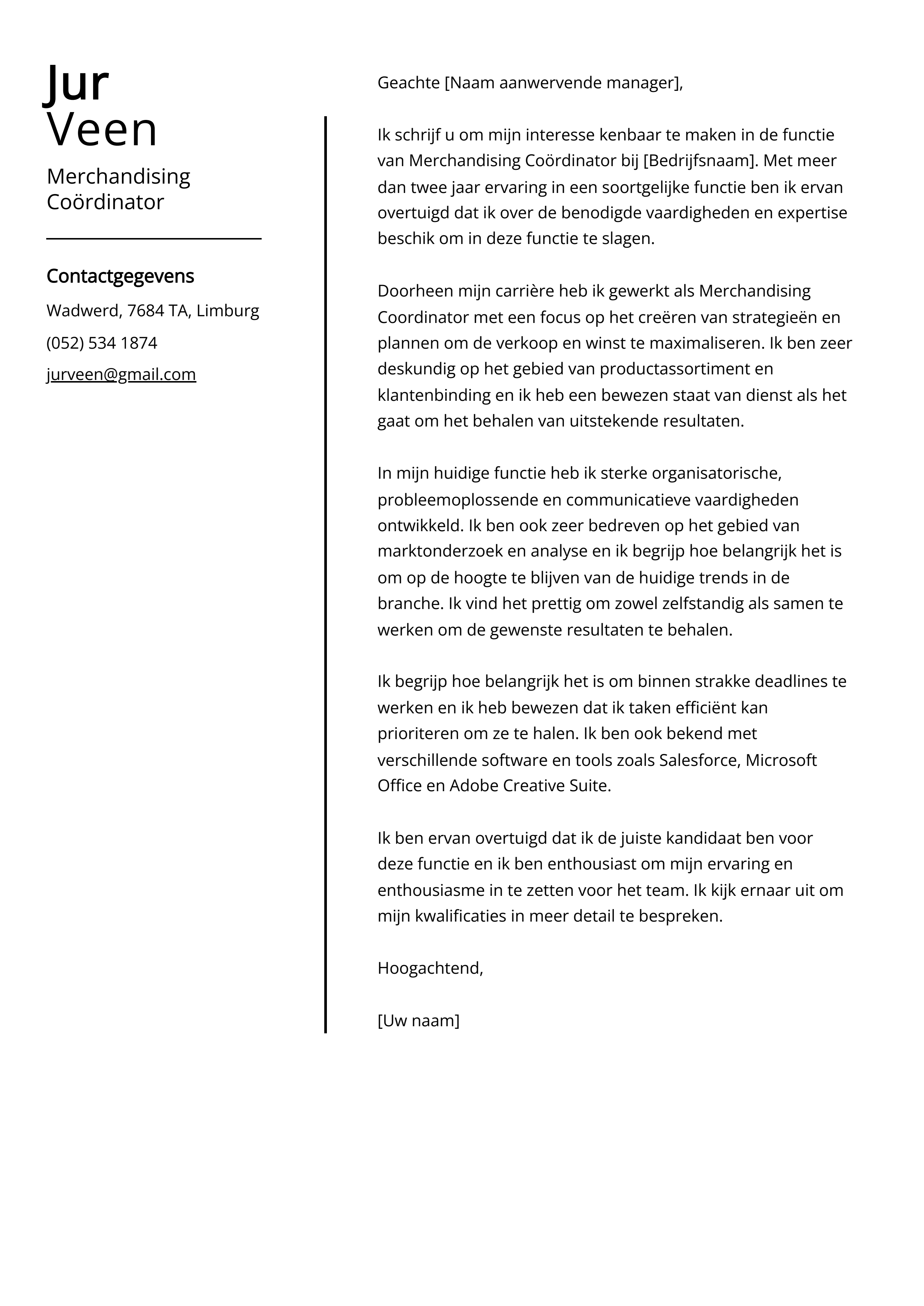 Merchandising Coördinator Voorbeeld sollicitatiebrief