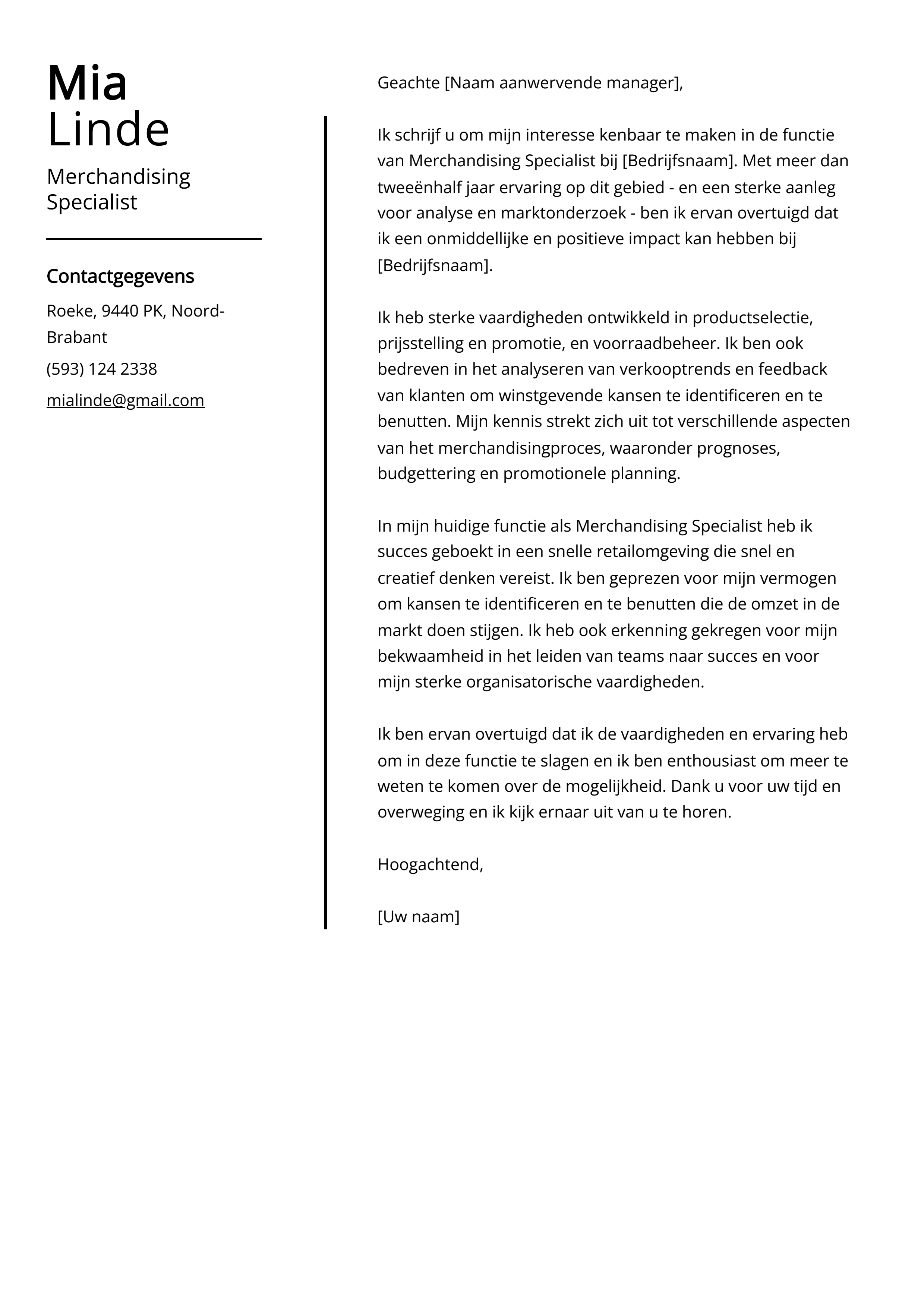 Merchandising Specialist Voorbeeld sollicitatiebrief