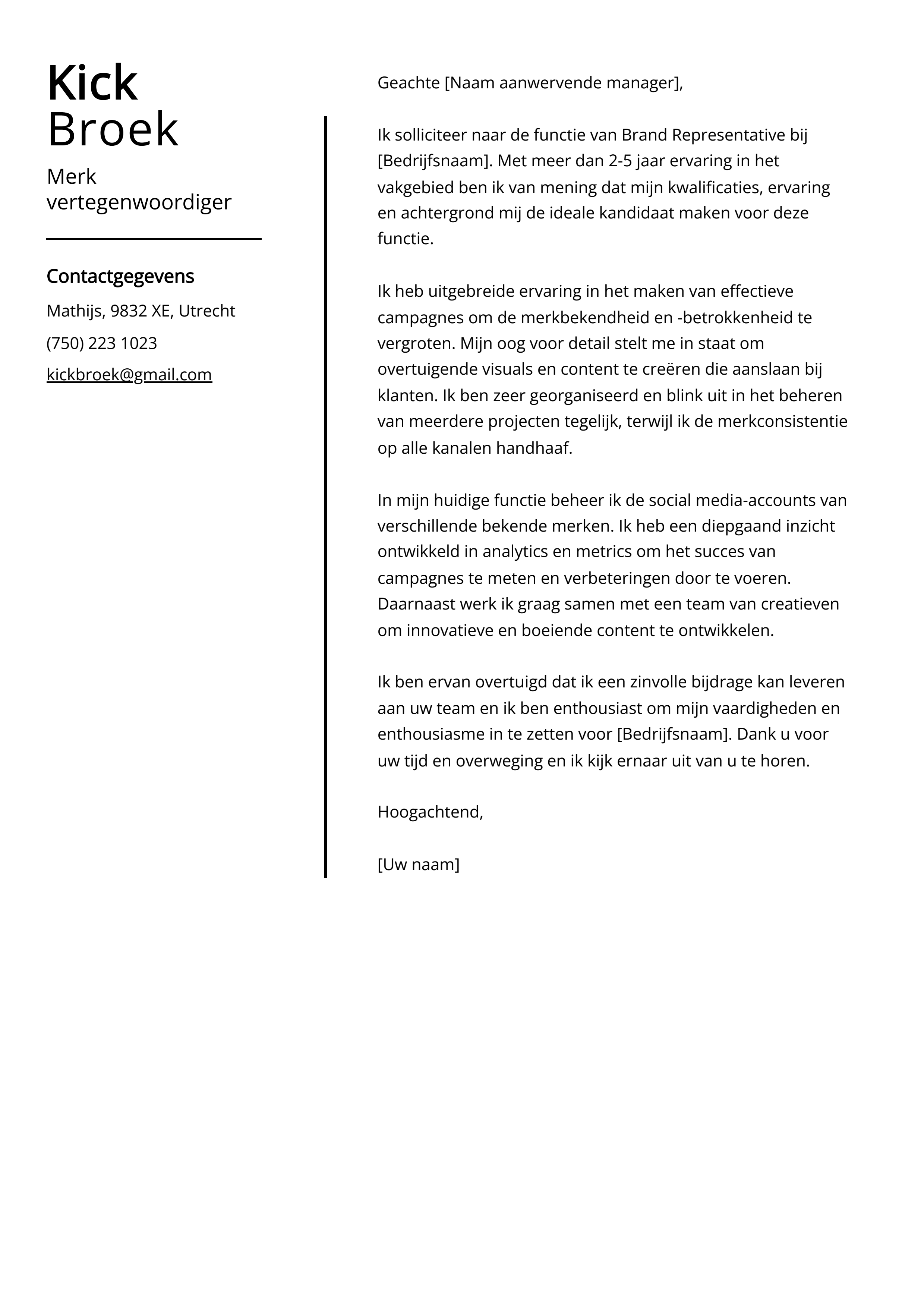 Merk vertegenwoordiger Cover Letter Voorbeeld