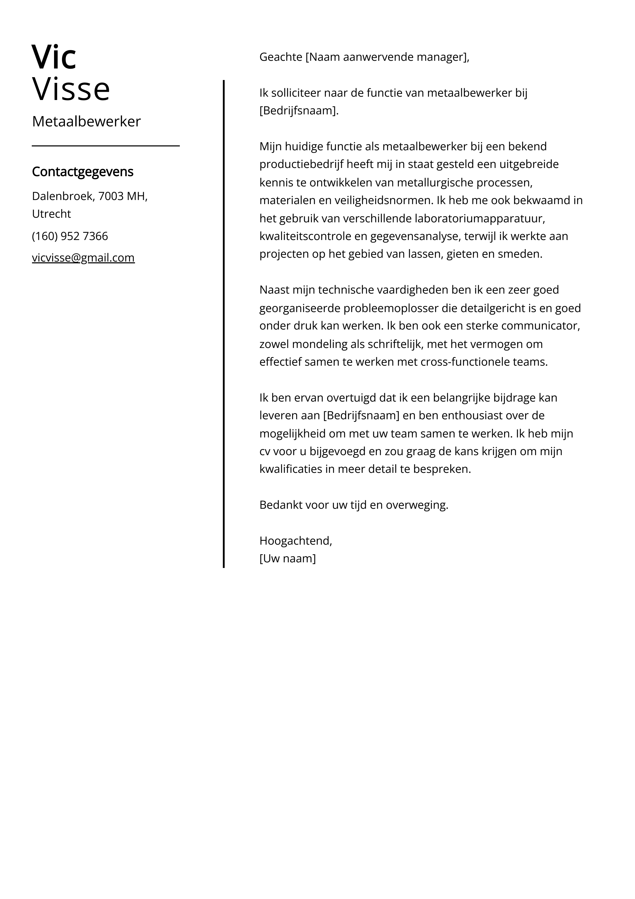 Metaalbewerker Sollicitatiebrief Voorbeeld