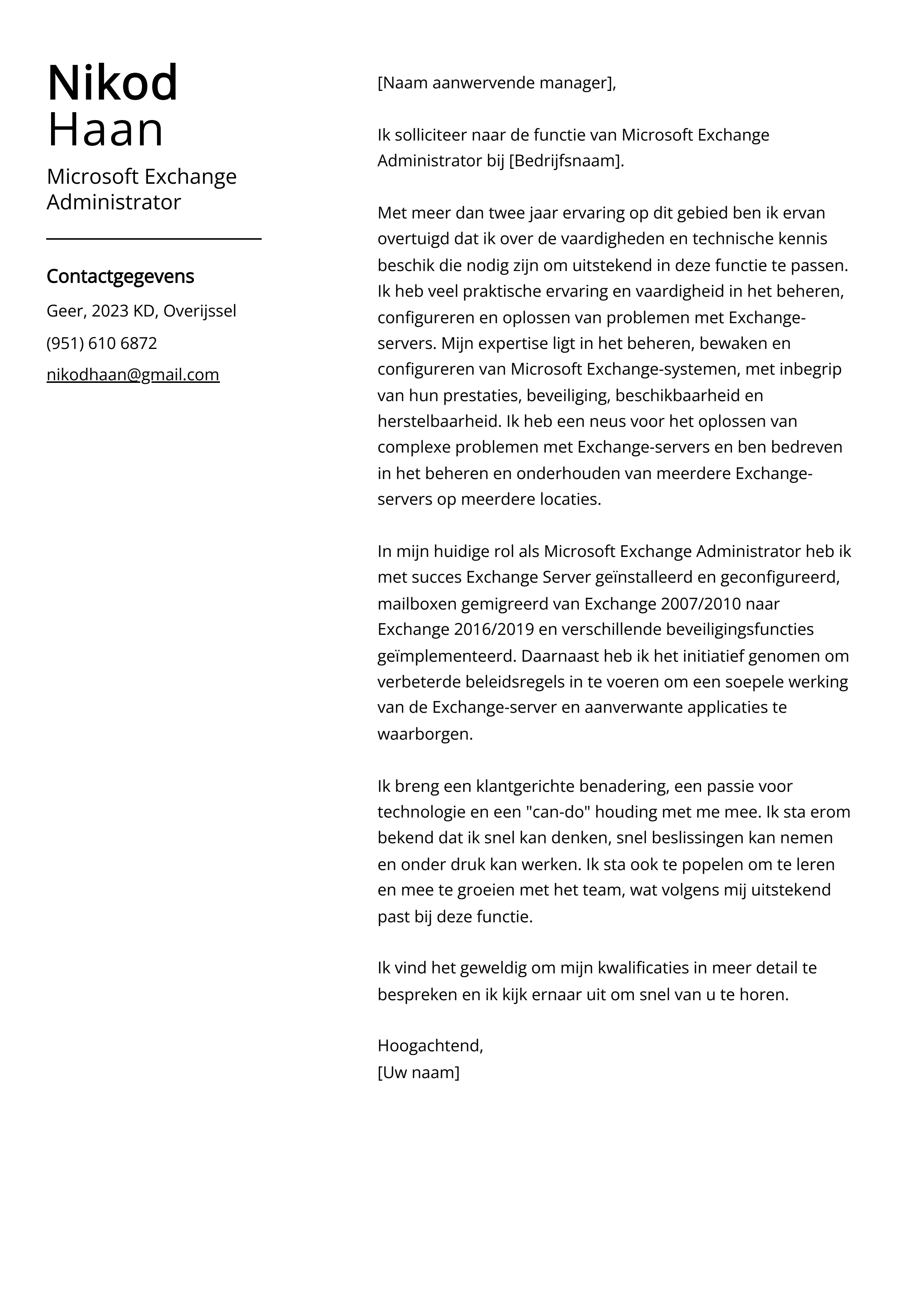 Microsoft Exchange Administrator Voorbeeld sollicitatiebrief