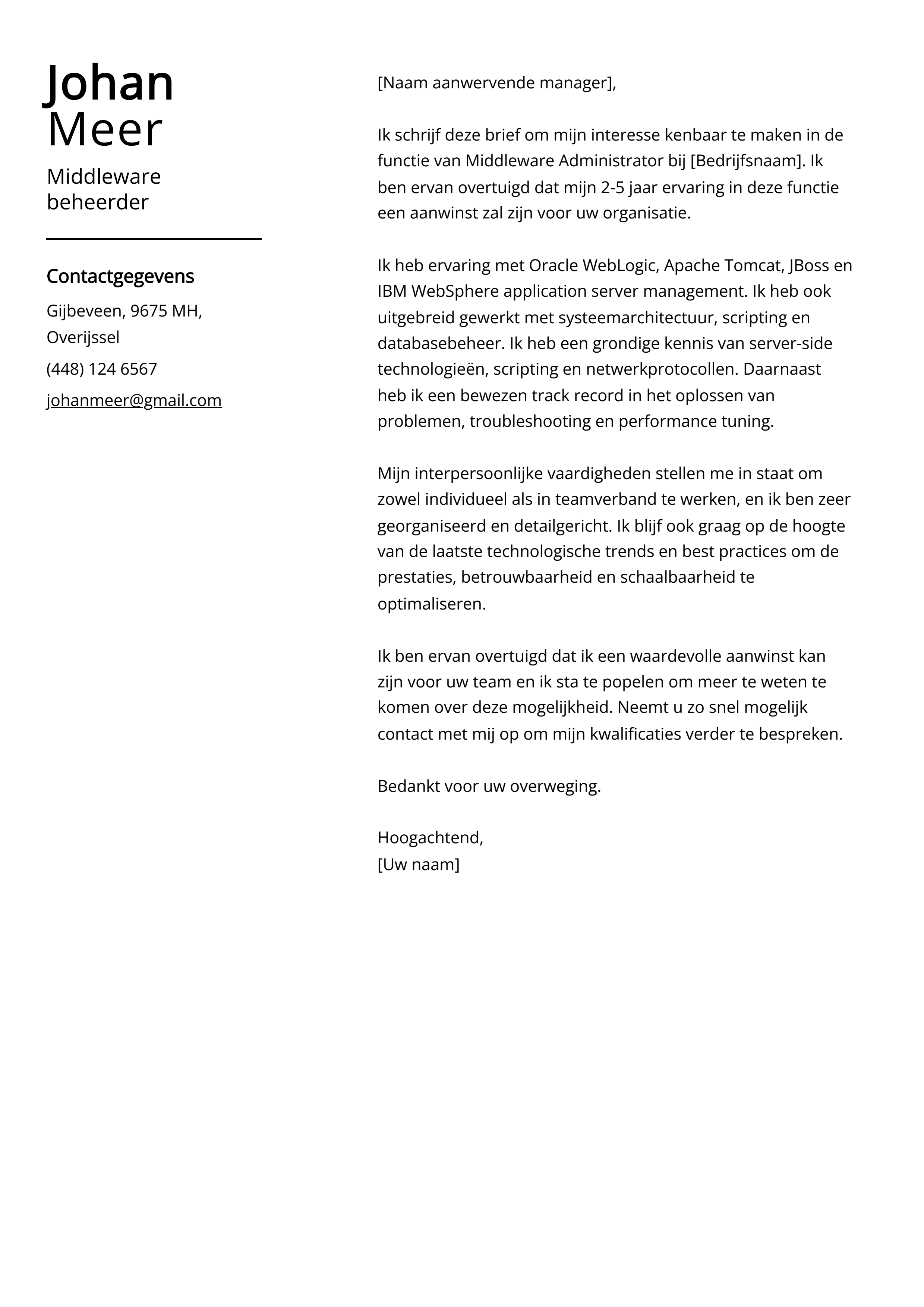 Middleware beheerder Cover Letter Voorbeeld