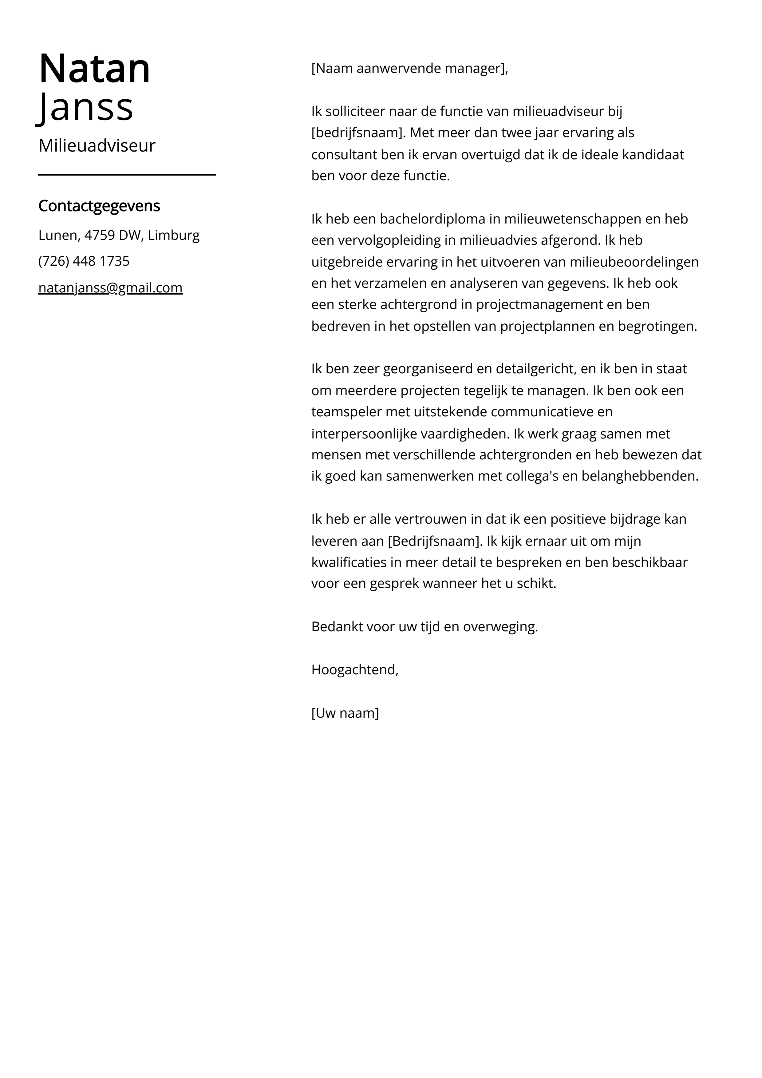 Milieuadviseur Sollicitatiebrief Voorbeeld