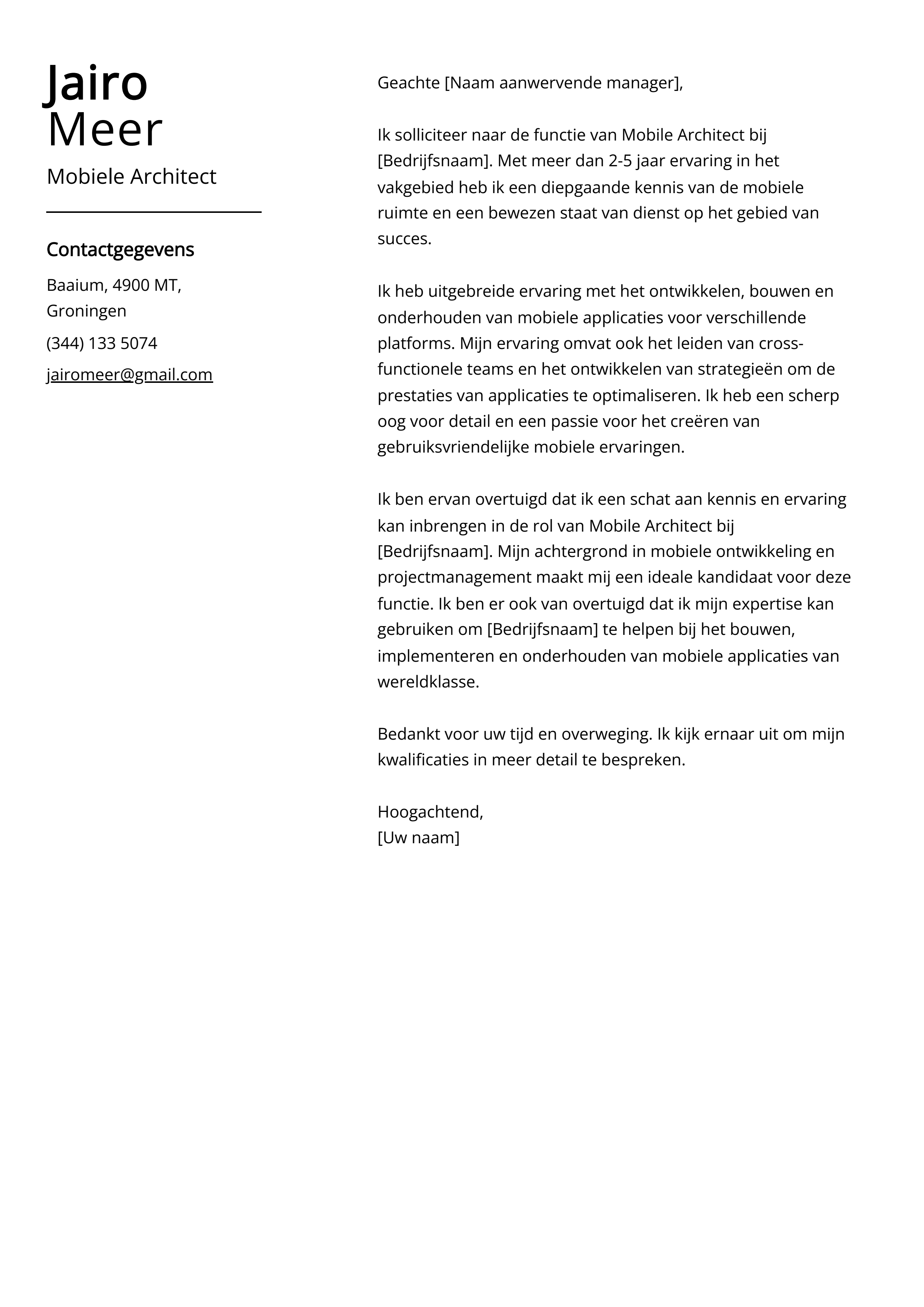 Mobiele Architect Sollicitatiebrief Voorbeeld