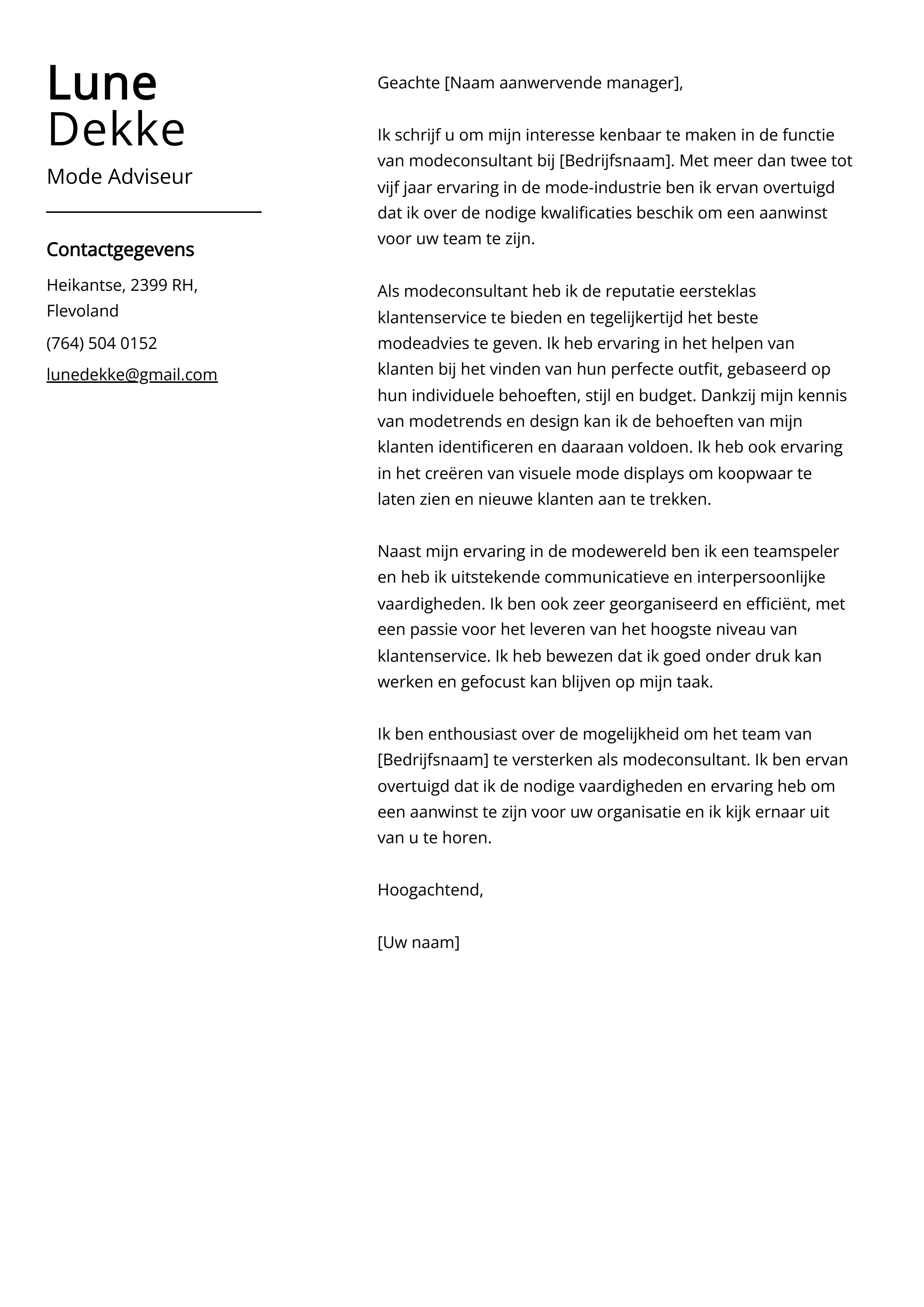 Mode Adviseur Sollicitatiebrief Voorbeeld