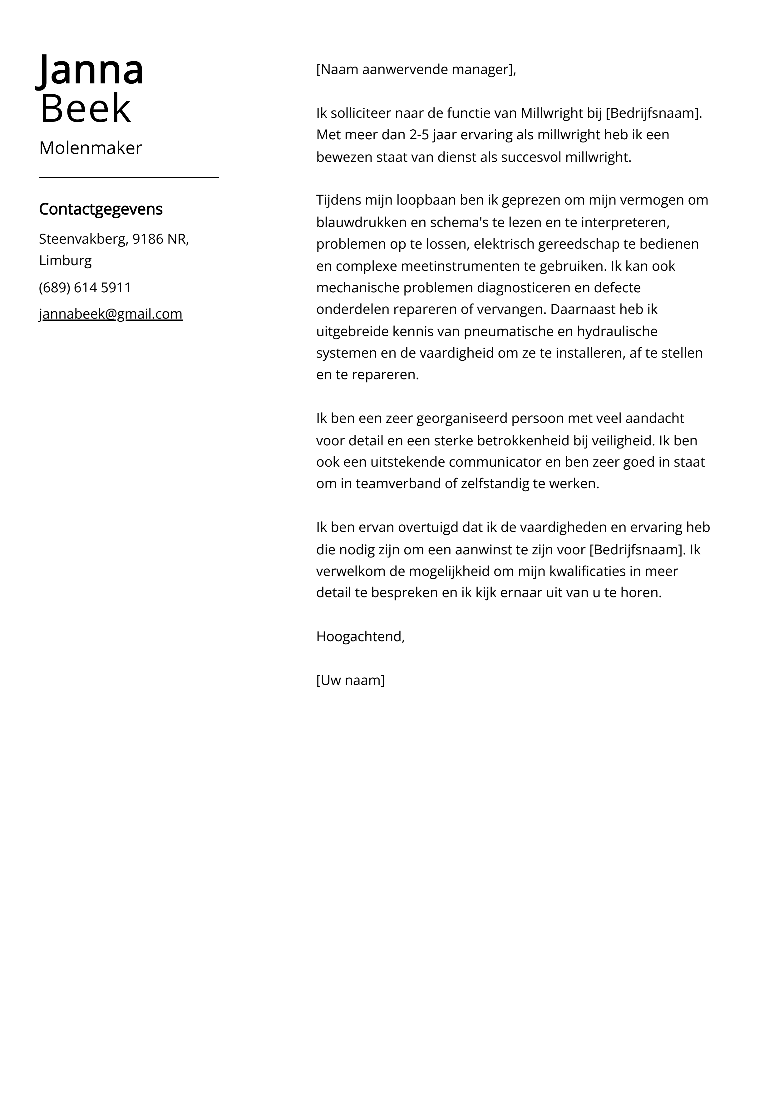 Molenmaker Sollicitatiebrief Voorbeeld