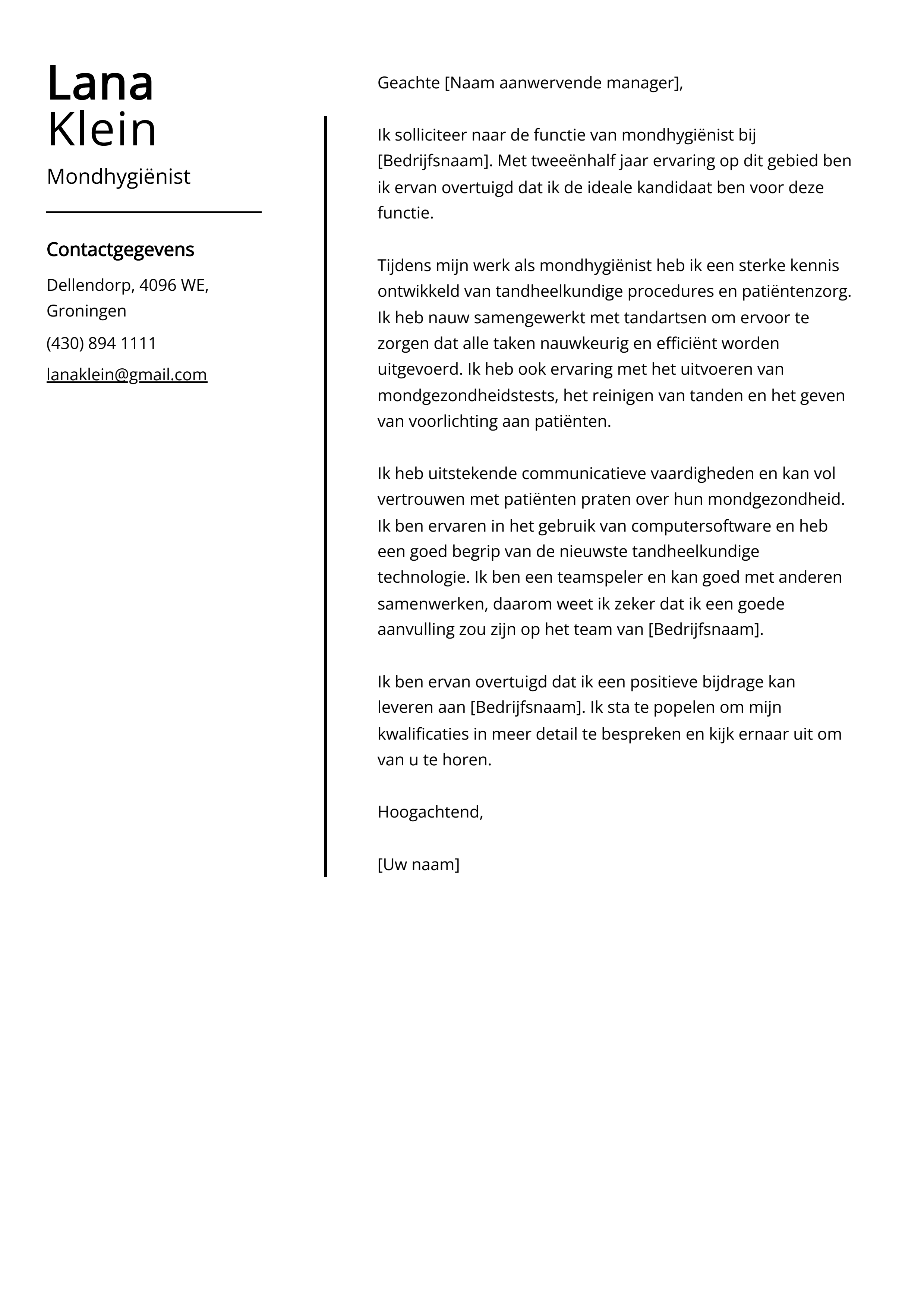 Mondhygiënist Voorbeeld sollicitatiebrief