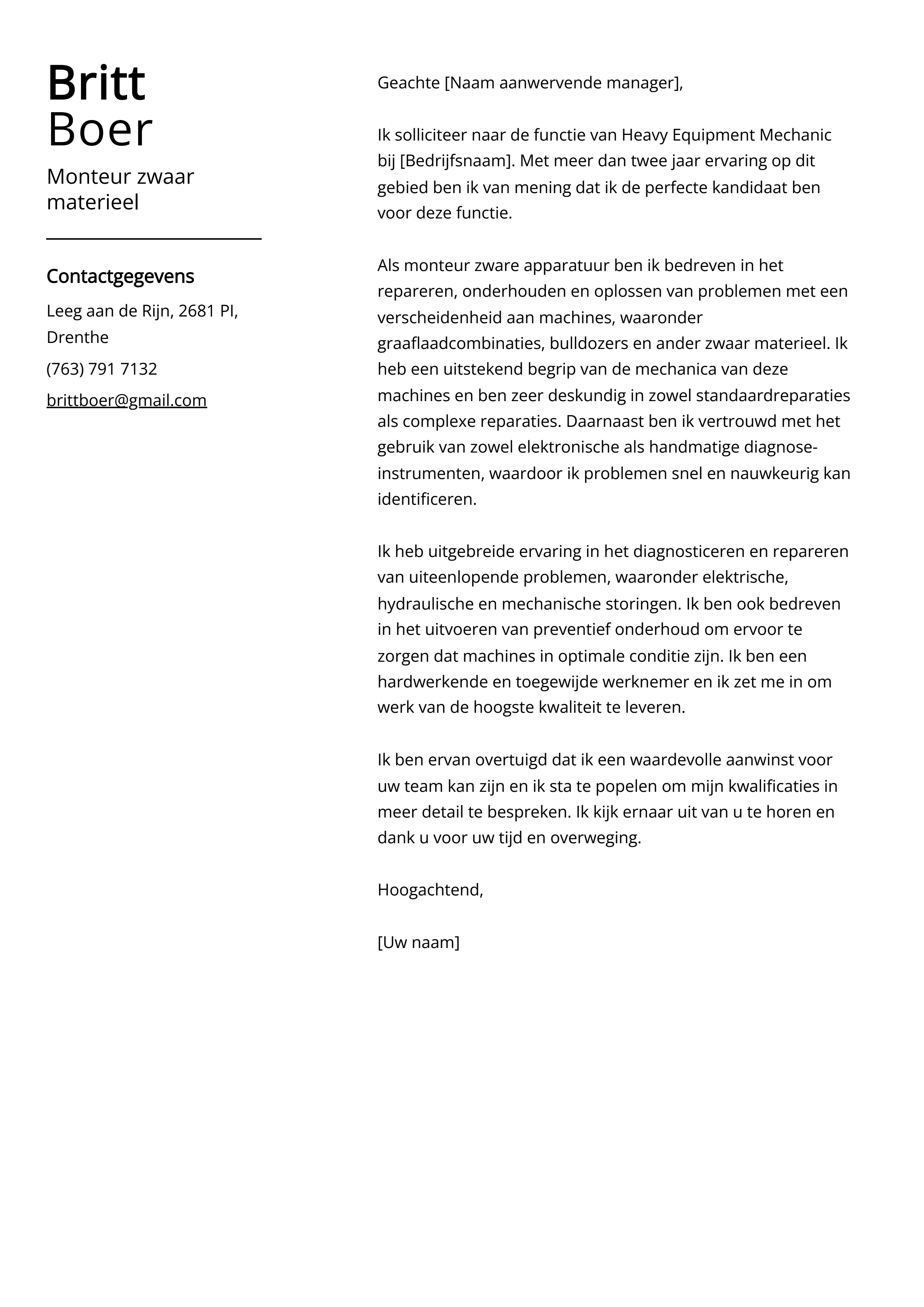 Monteur zwaar materieel Cover Letter Voorbeeld