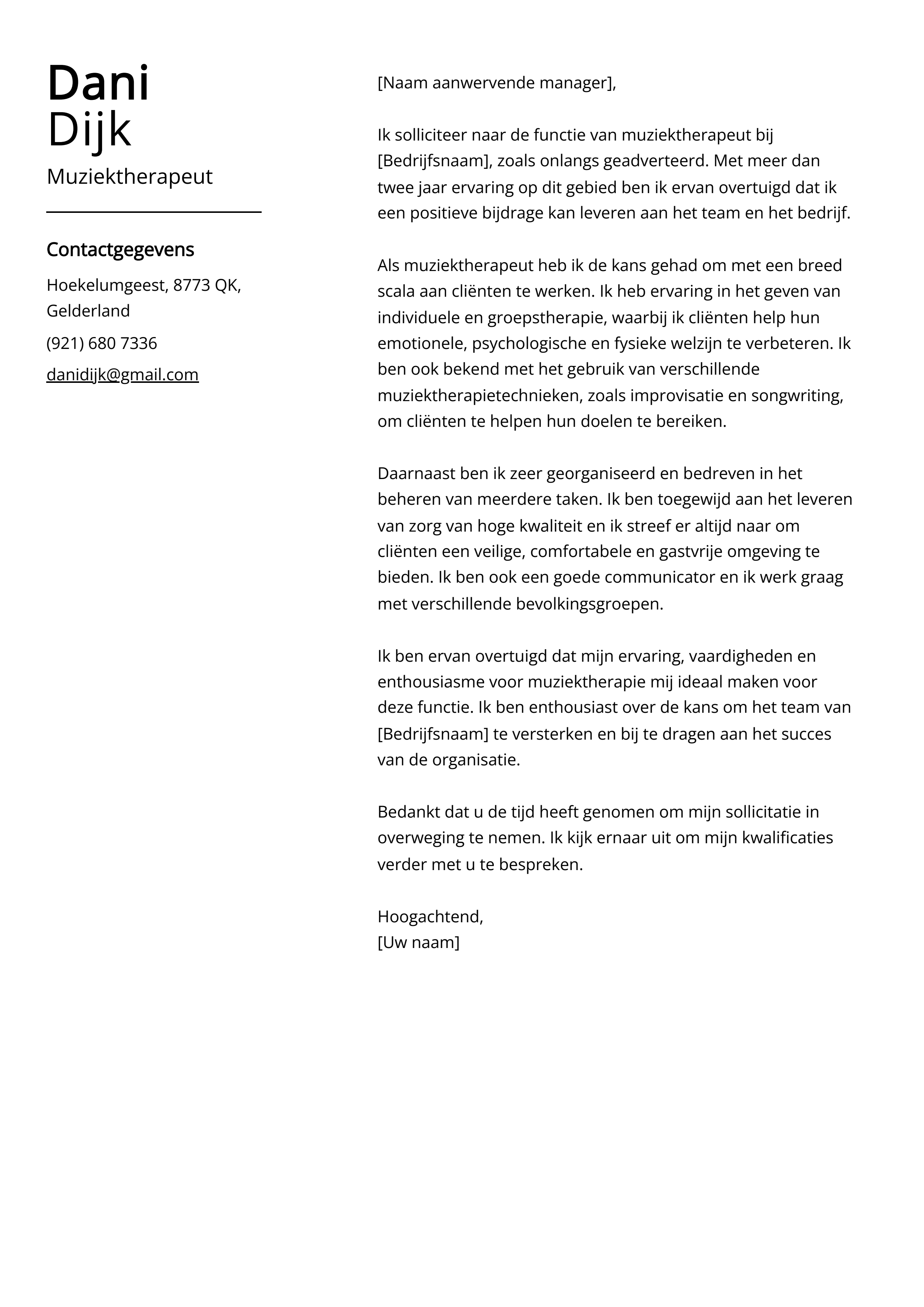 Muziektherapeut Voorbeeld sollicitatiebrief