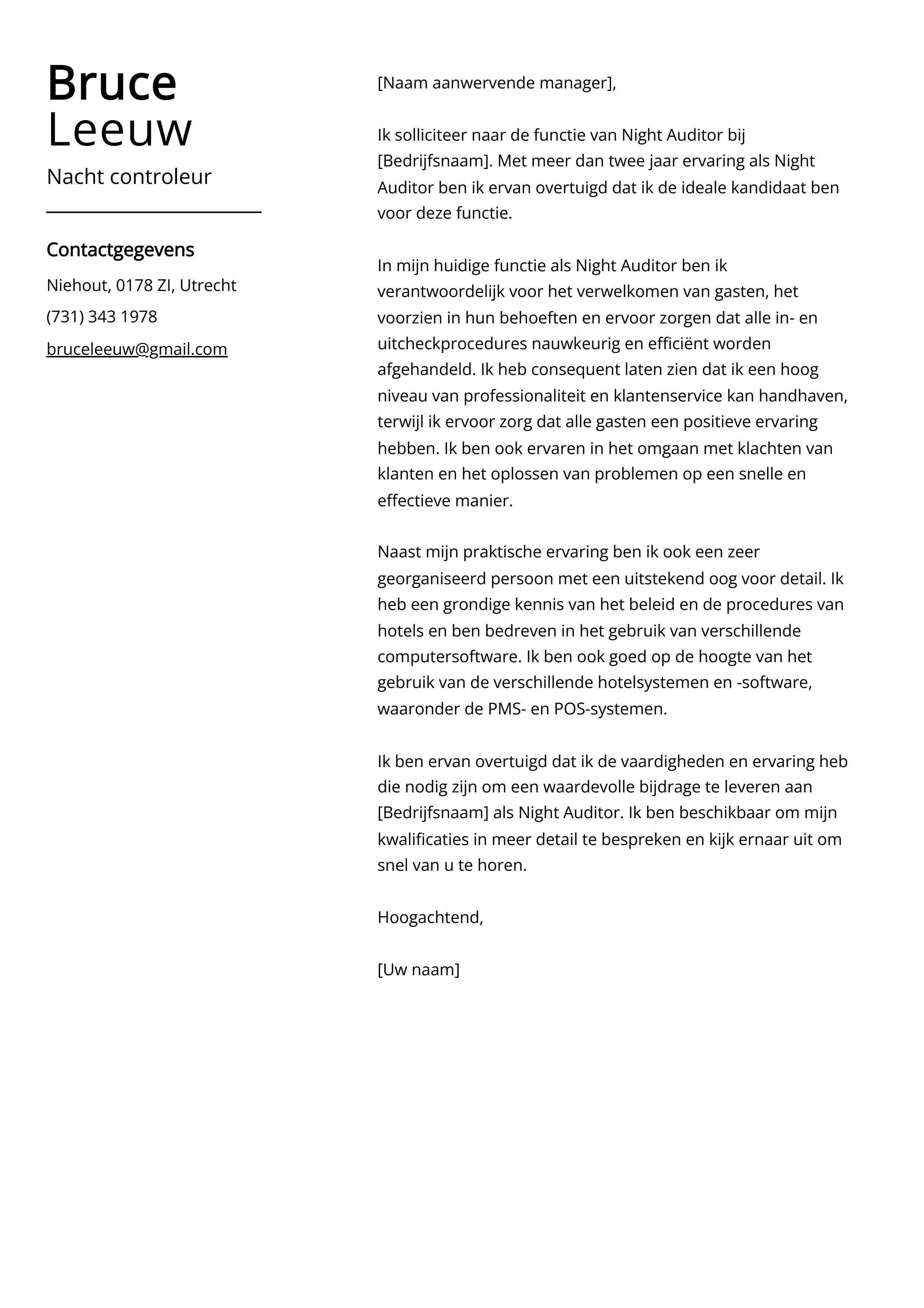 Nacht controleur Cover Letter Voorbeeld