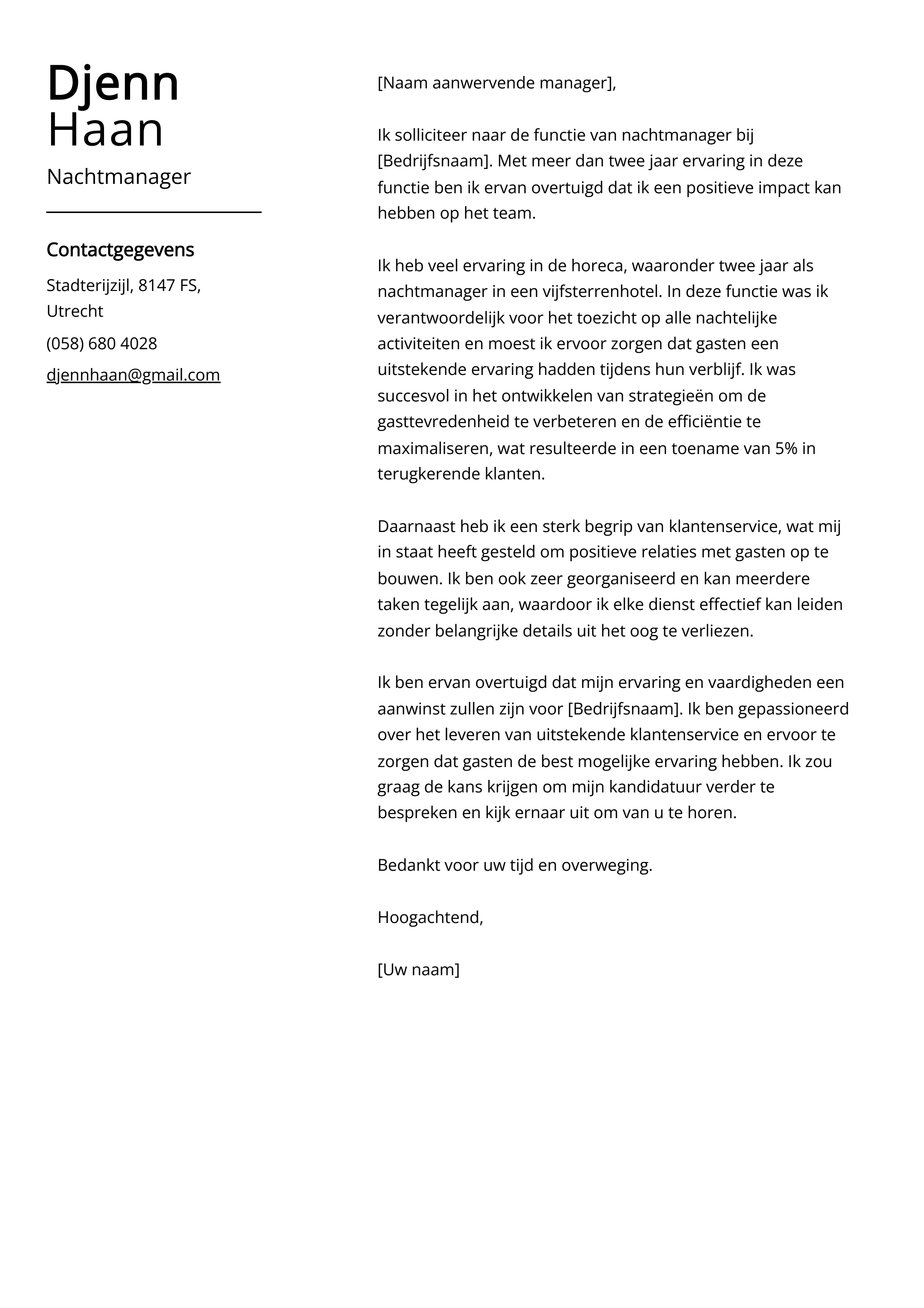 Nachtmanager Sollicitatiebrief Voorbeeld