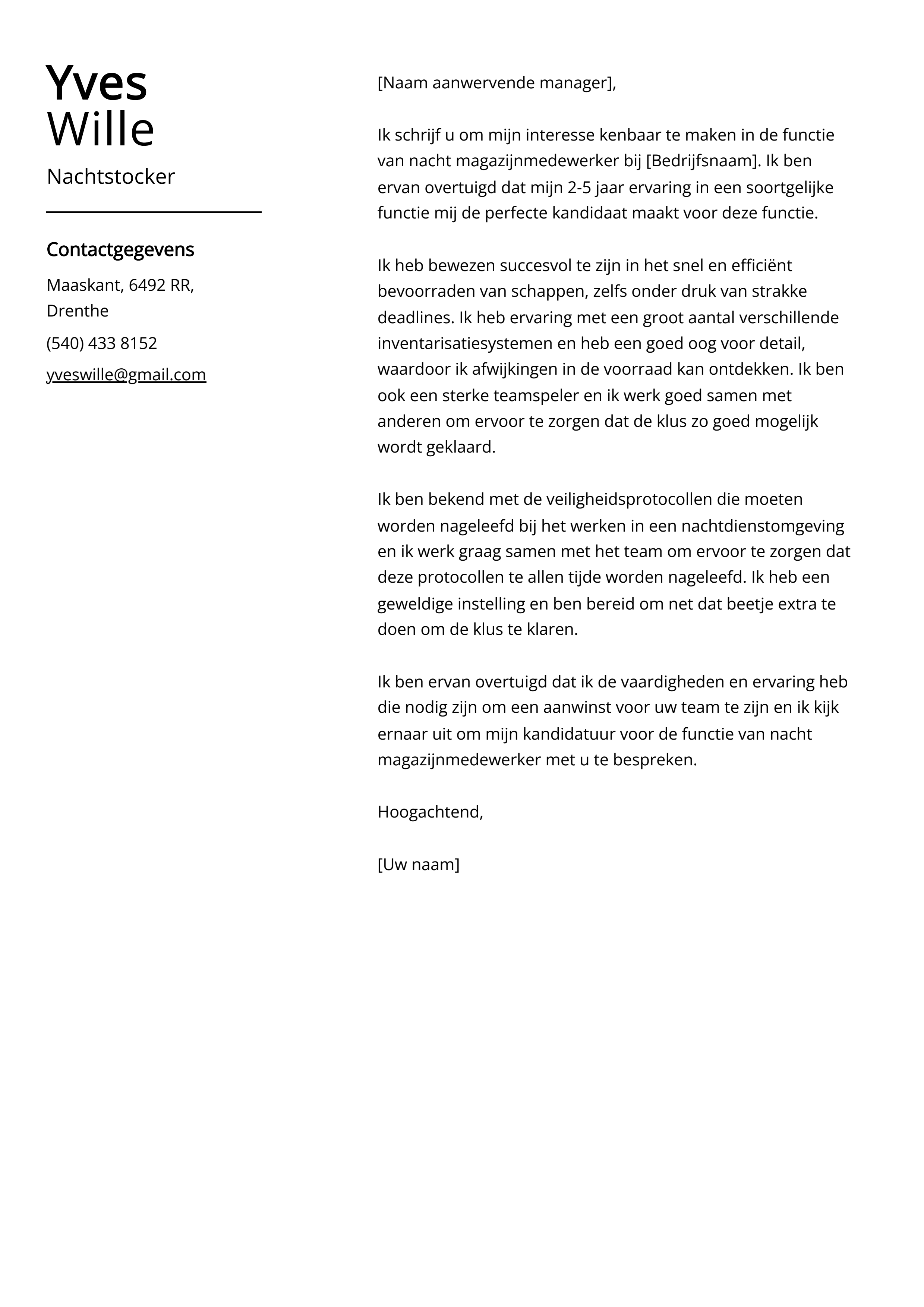 Nachtstocker sollicitatiebrief voorbeeld