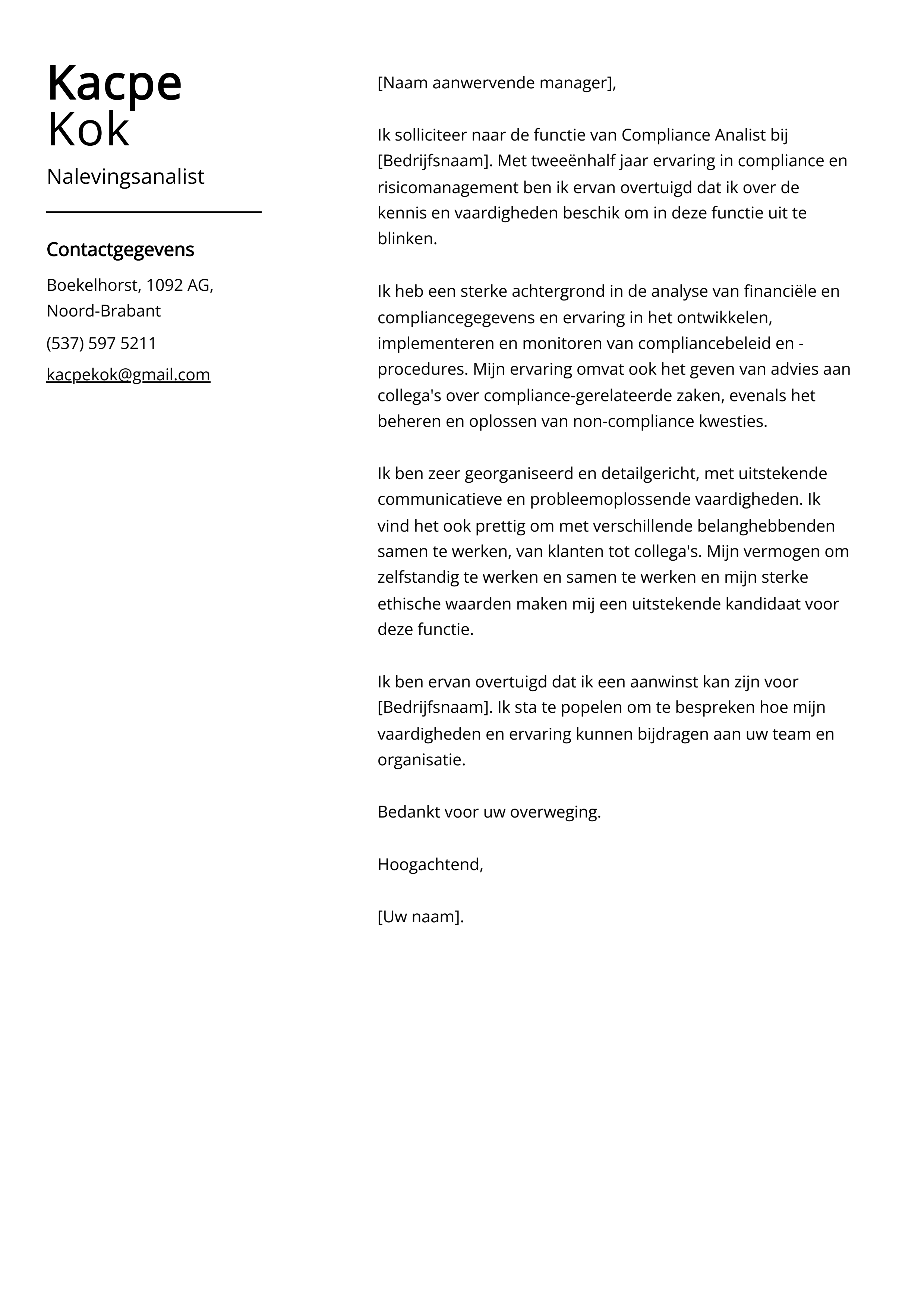 Nalevingsanalist Voorbeeld sollicitatiebrief