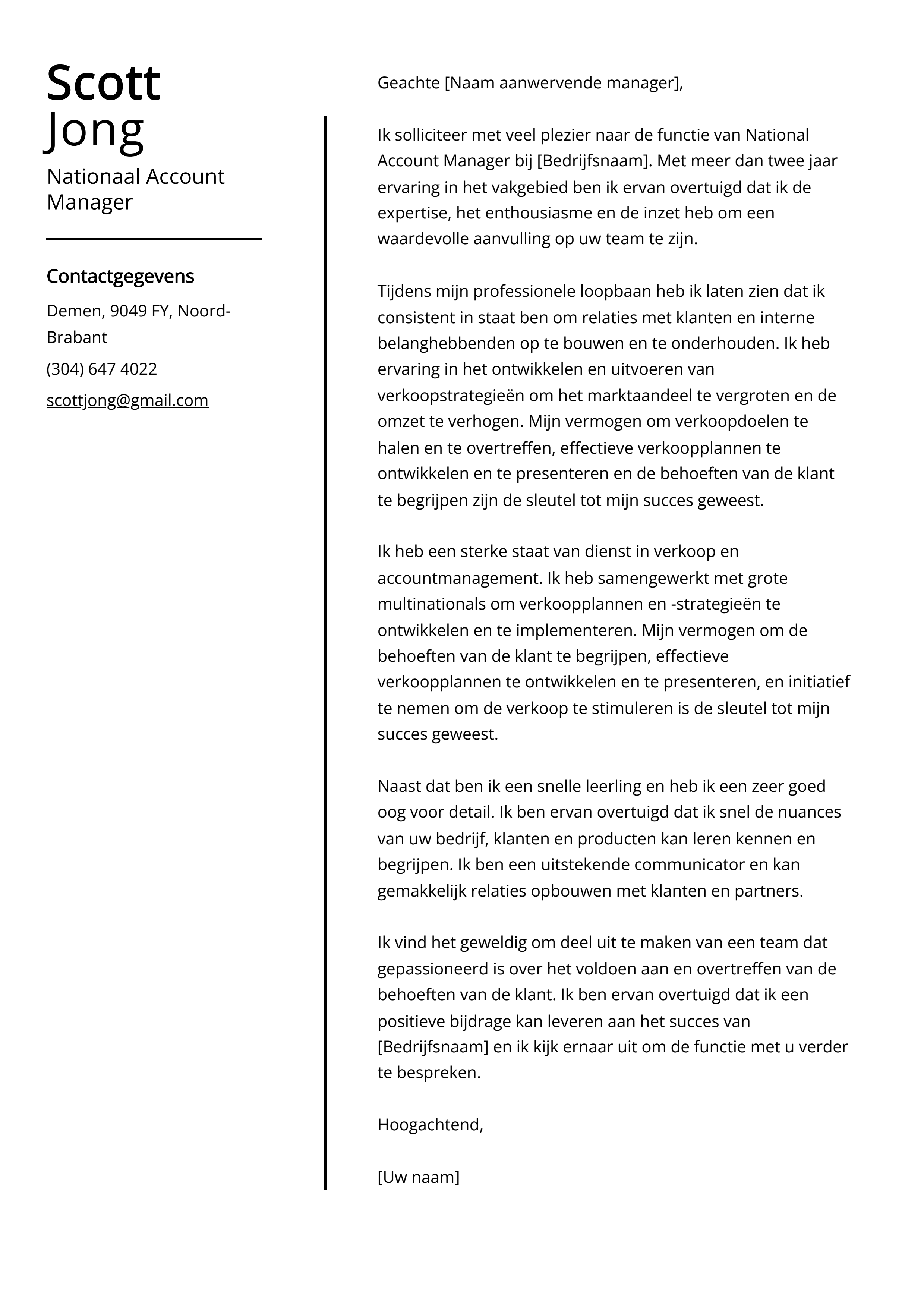 Nationale Account Manager Sollicitatiebrief Voorbeeld