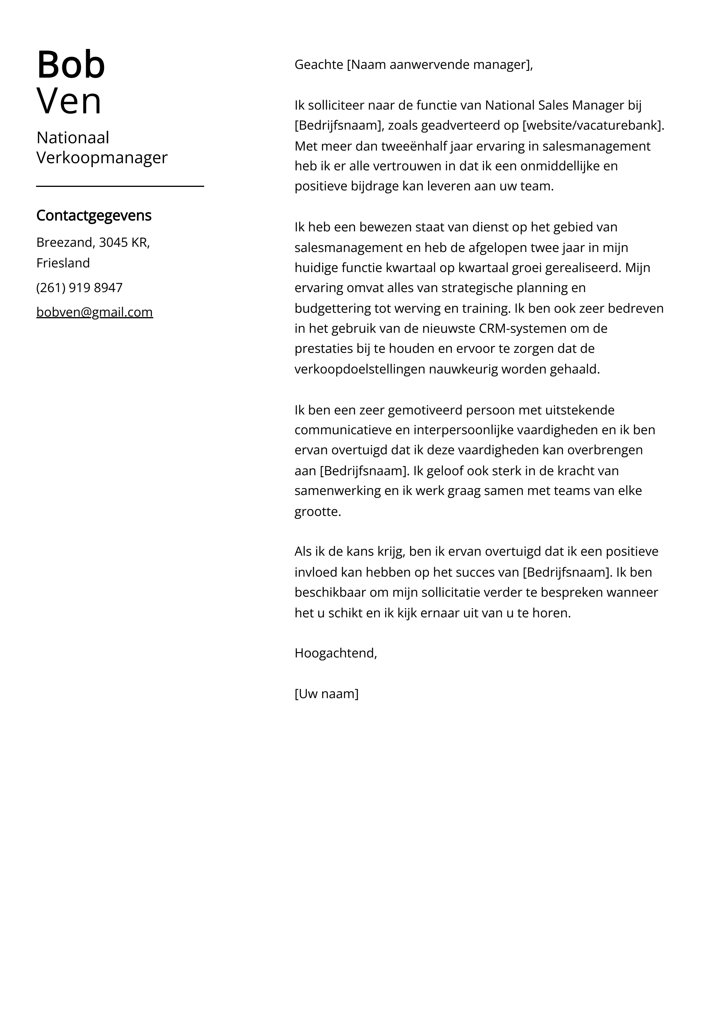 Nationaal Verkoopmanager Voorbeeld sollicitatiebrief