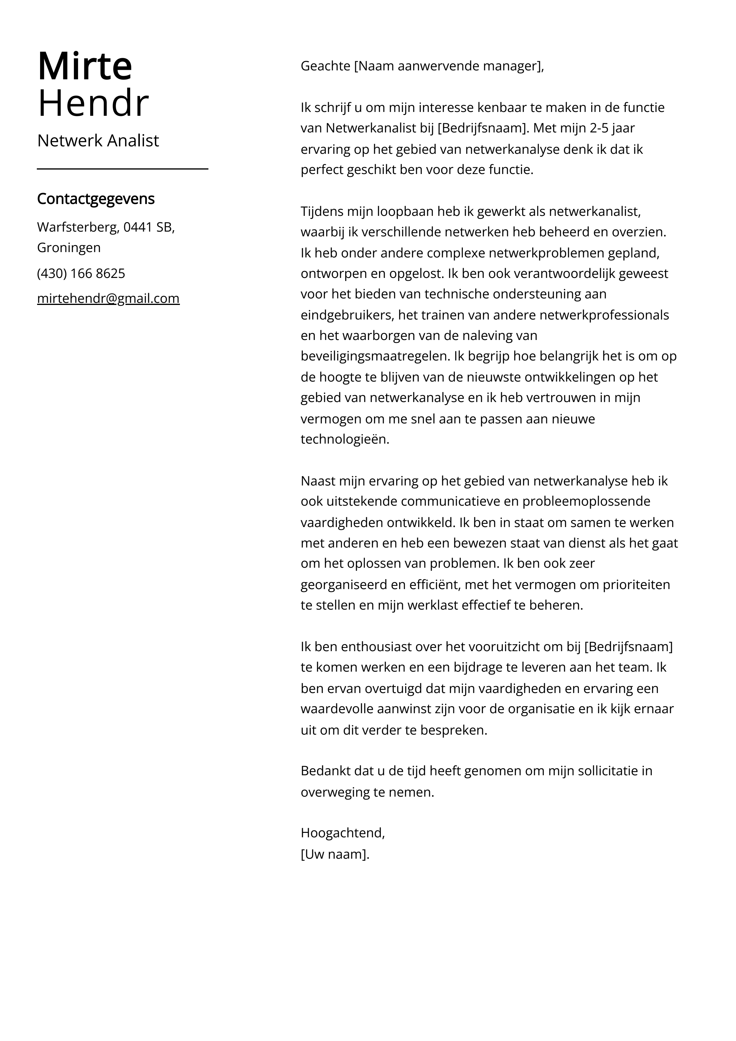 Netwerk Analist Sollicitatiebrief Voorbeeld