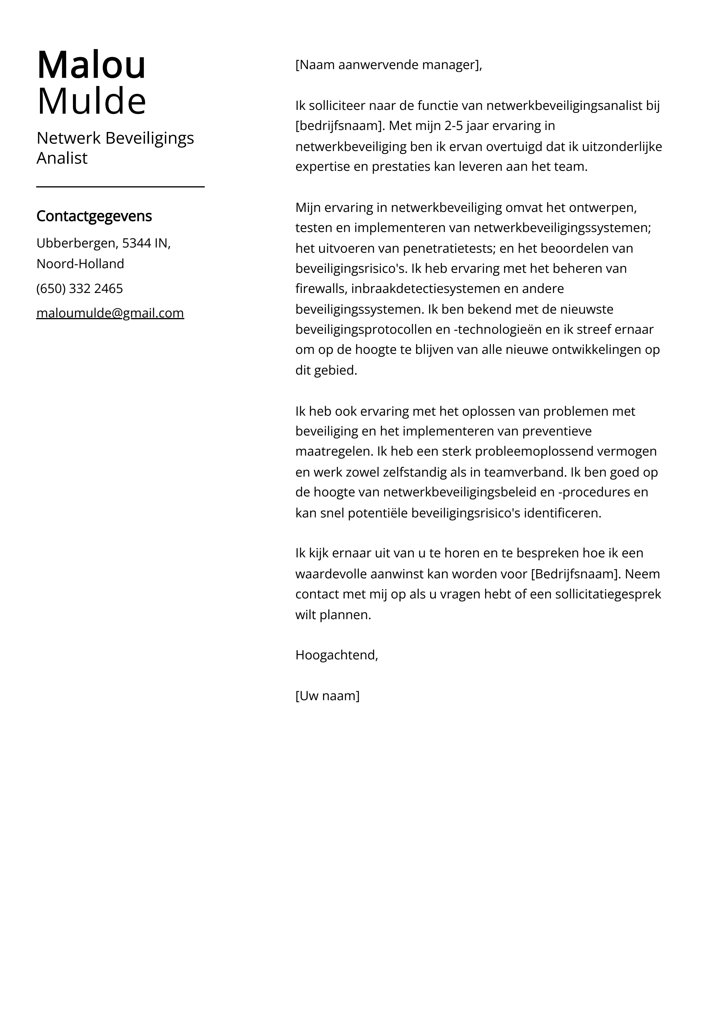 Netwerk Beveiligings Analist Voorbeeld sollicitatiebrief