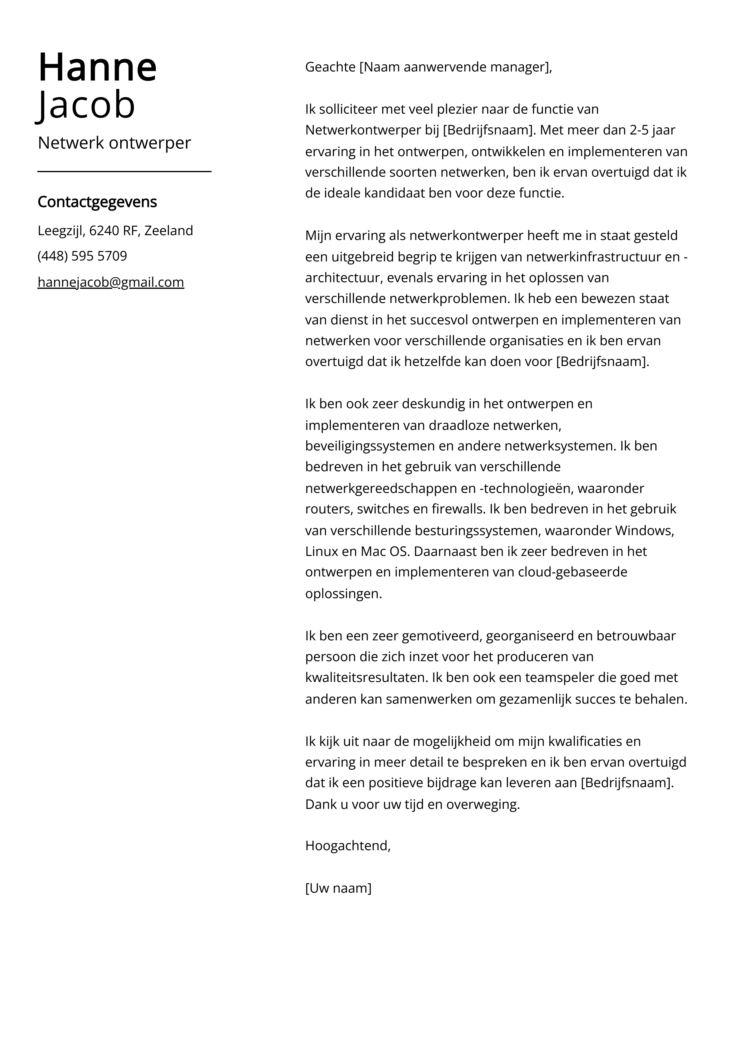 Netwerk ontwerper Sollicitatiebrief Voorbeeld