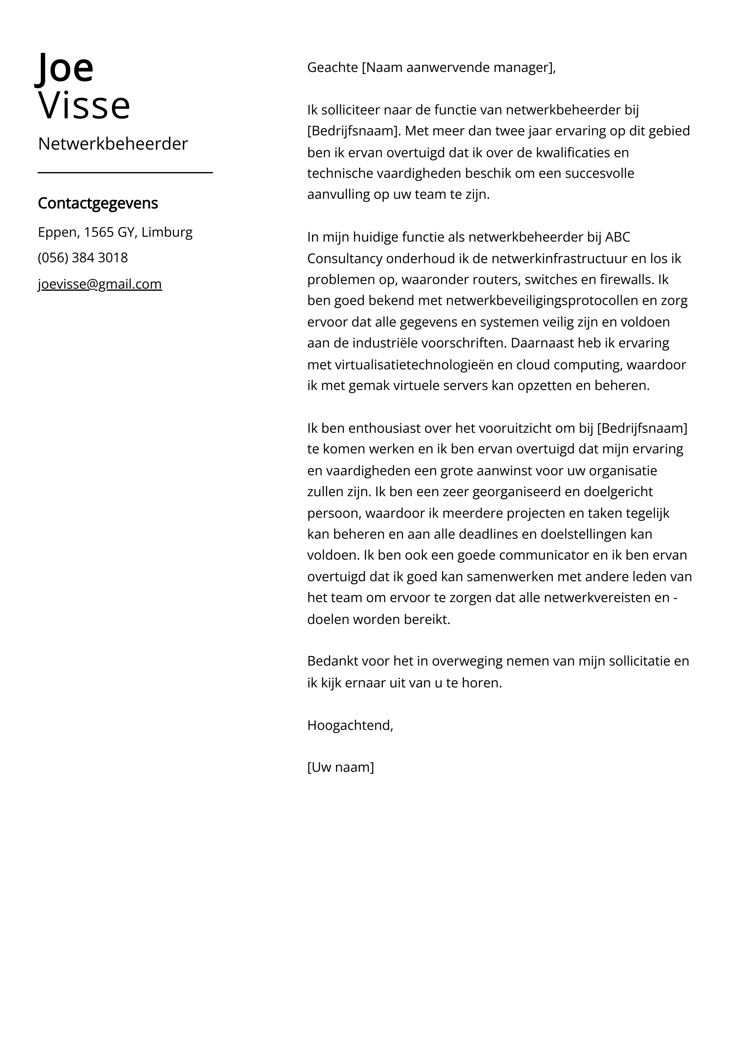 Netwerkbeheerder Sollicitatiebrief Voorbeeld