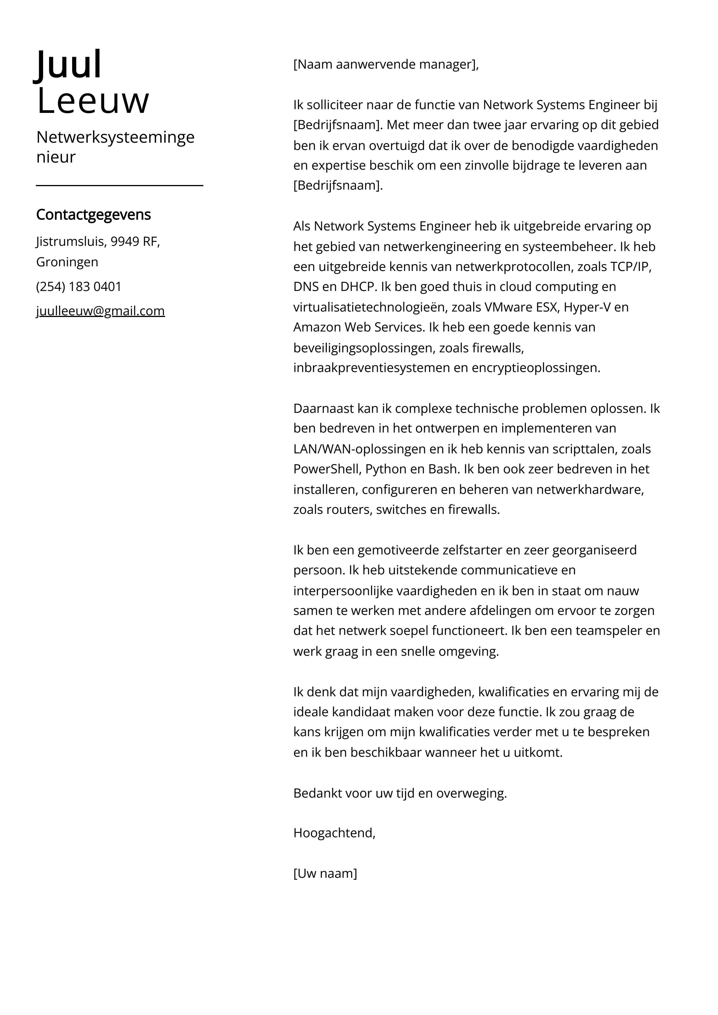 Netwerksysteemingenieur sollicitatiebrief voorbeeld