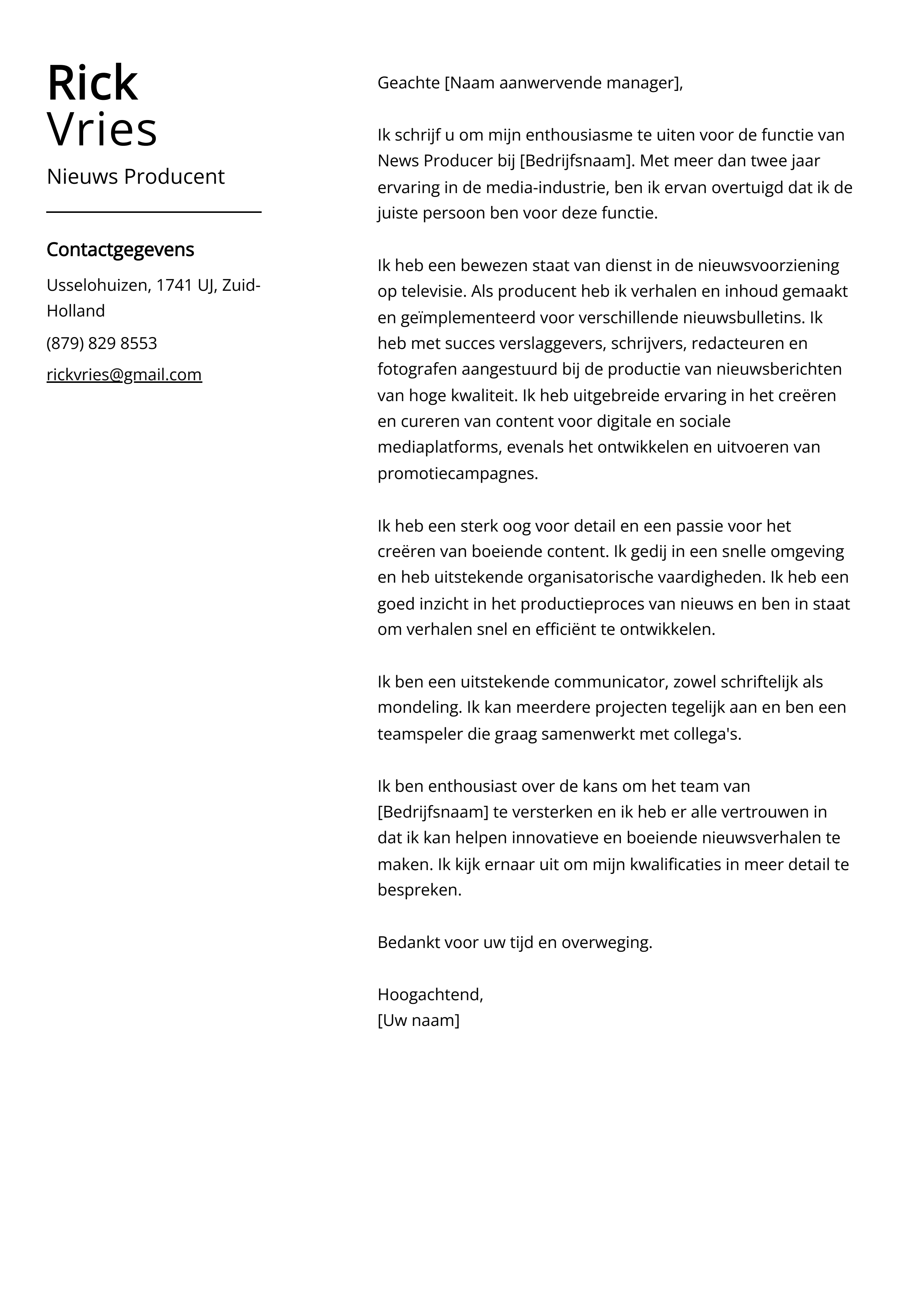 Nieuws Producent Sollicitatiebrief Voorbeeld