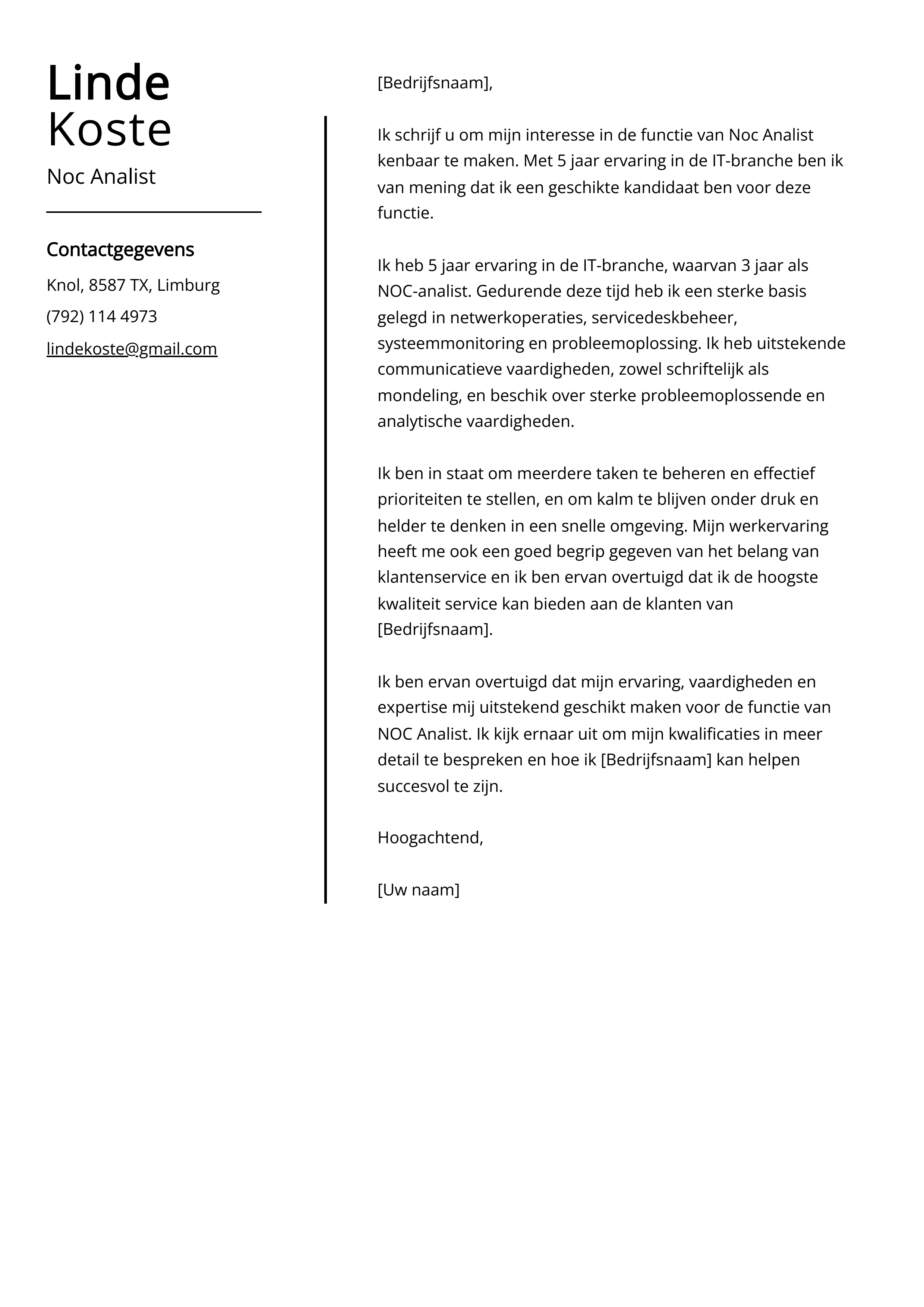 Noc Analist Sollicitatiebrief Voorbeeld